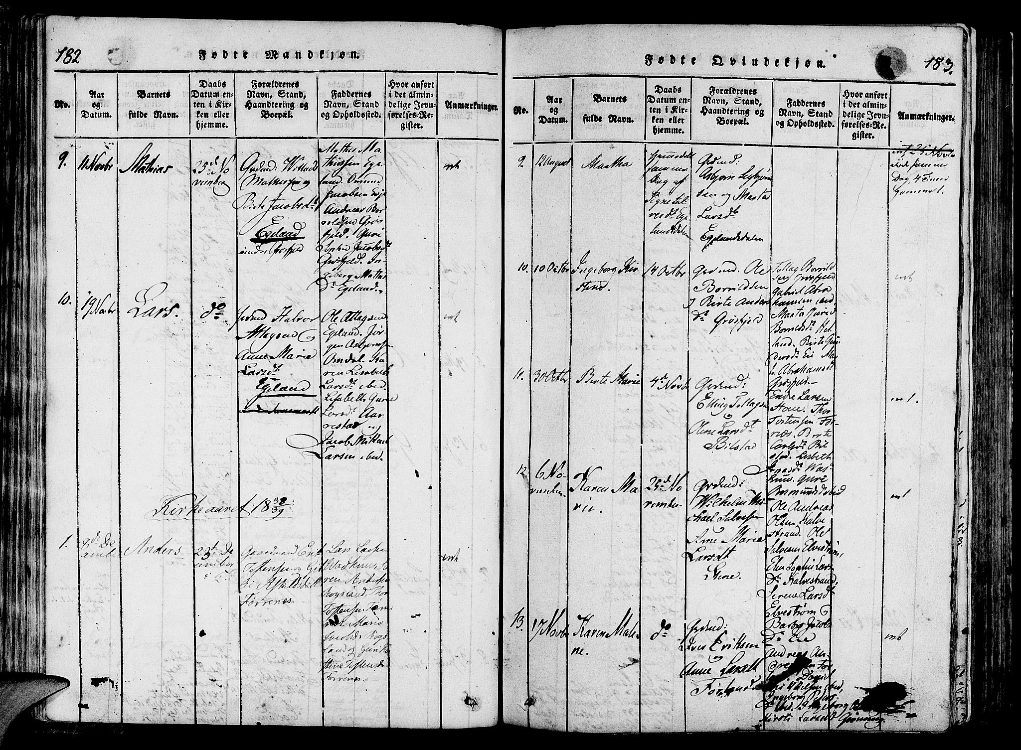 Lund sokneprestkontor, SAST/A-101809/S06/L0006: Parish register (official) no. A 6, 1816-1839, p. 182-183