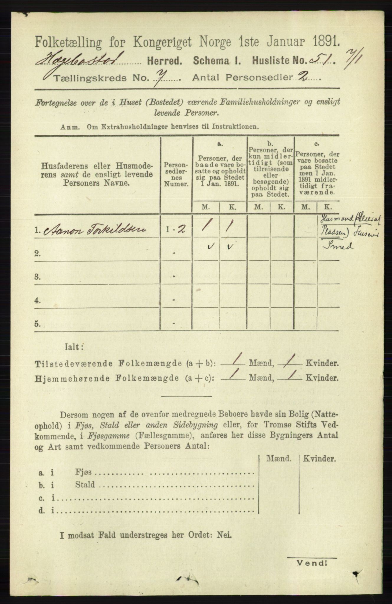 RA, 1891 census for 1034 Hægebostad, 1891, p. 2098