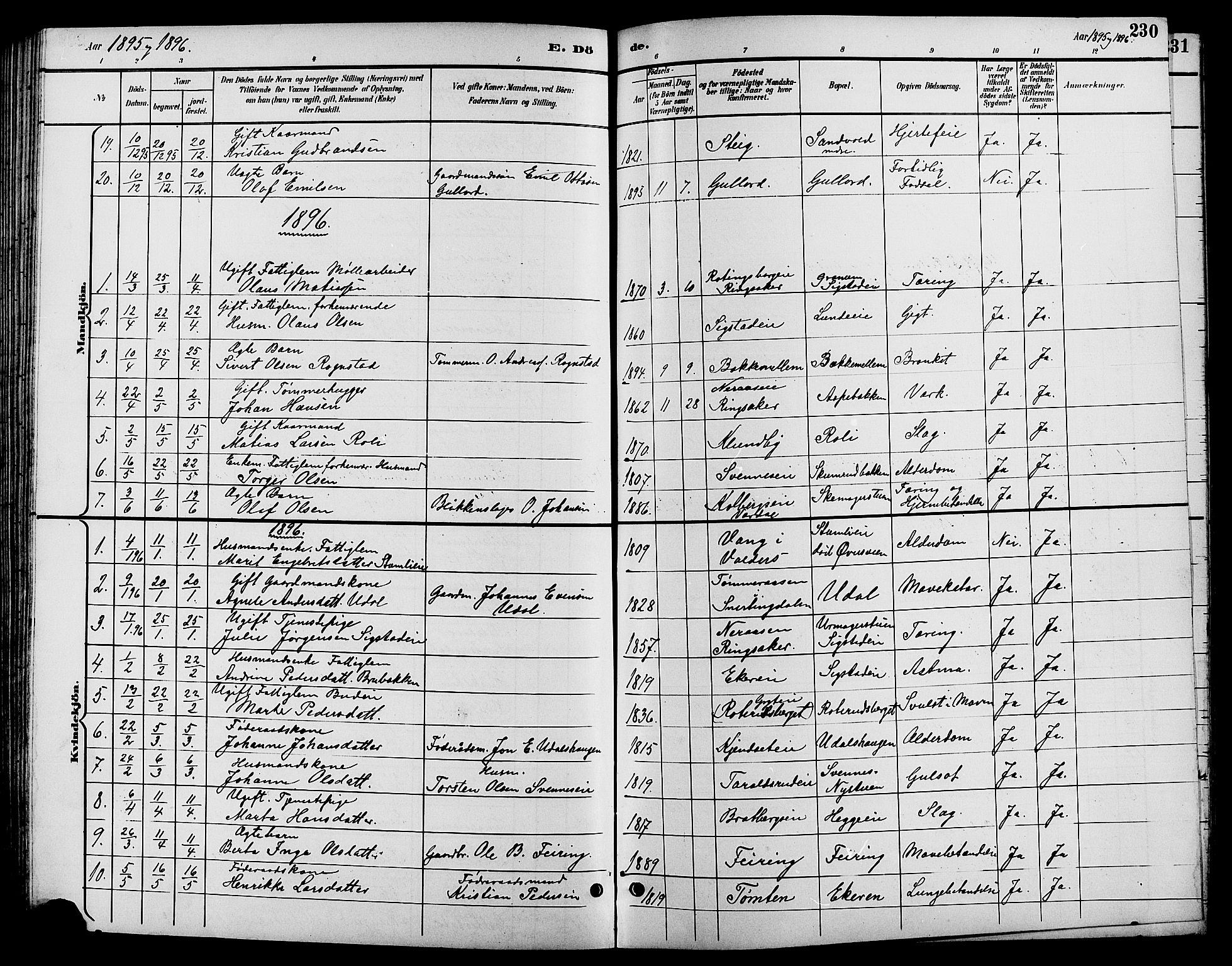 Biri prestekontor, SAH/PREST-096/H/Ha/Hab/L0004: Parish register (copy) no. 4, 1892-1909, p. 230