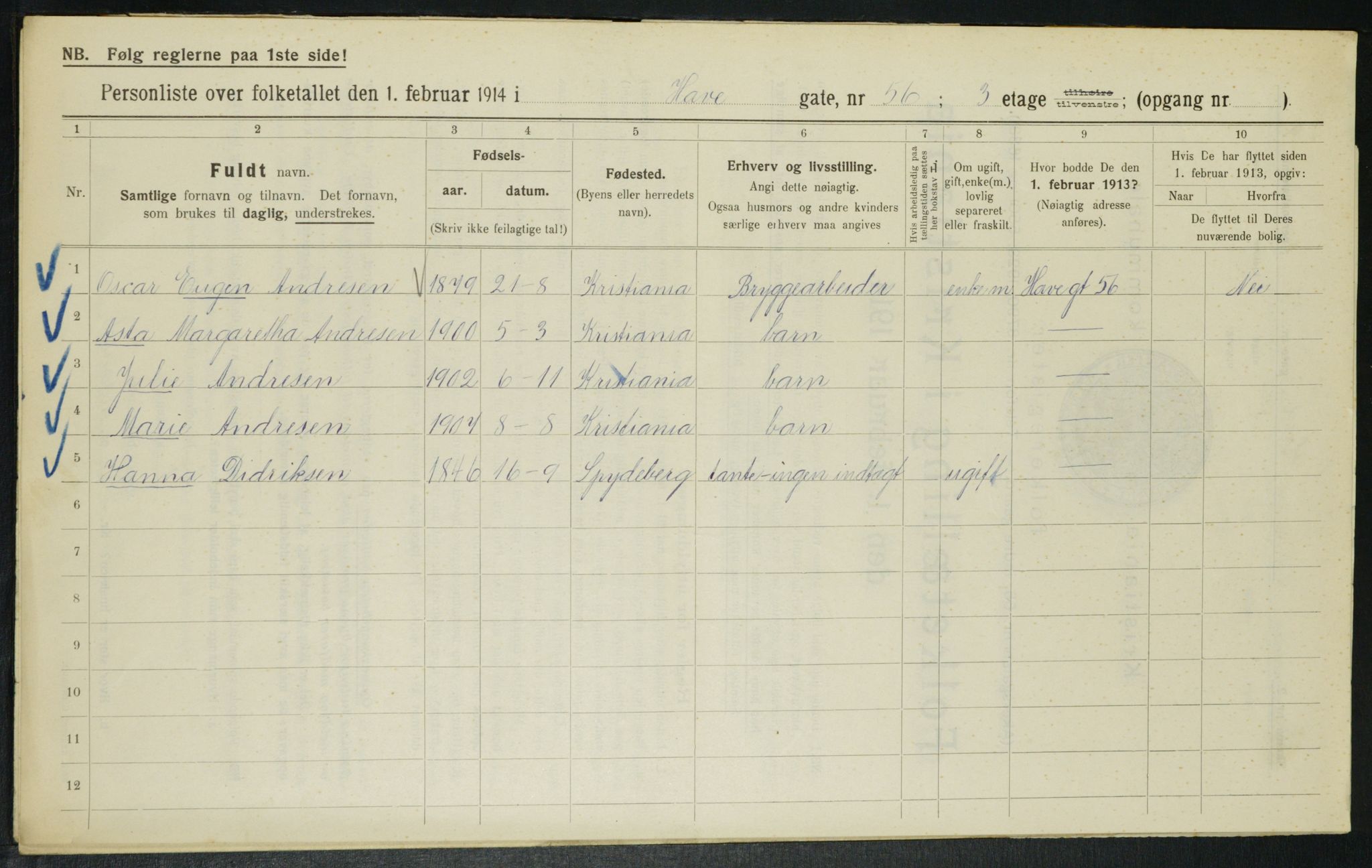 OBA, Municipal Census 1914 for Kristiania, 1914, p. 34060