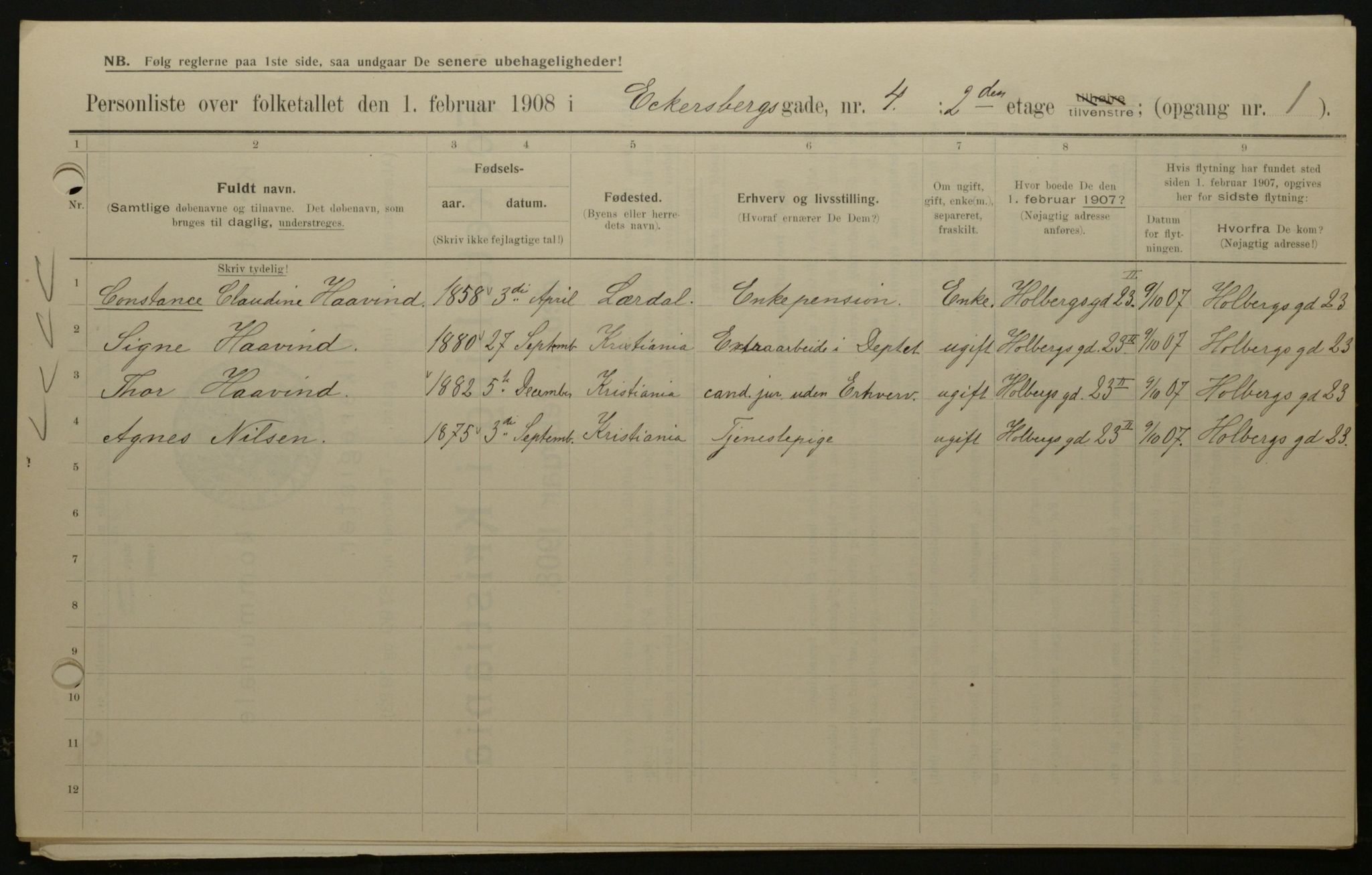 OBA, Municipal Census 1908 for Kristiania, 1908, p. 16830