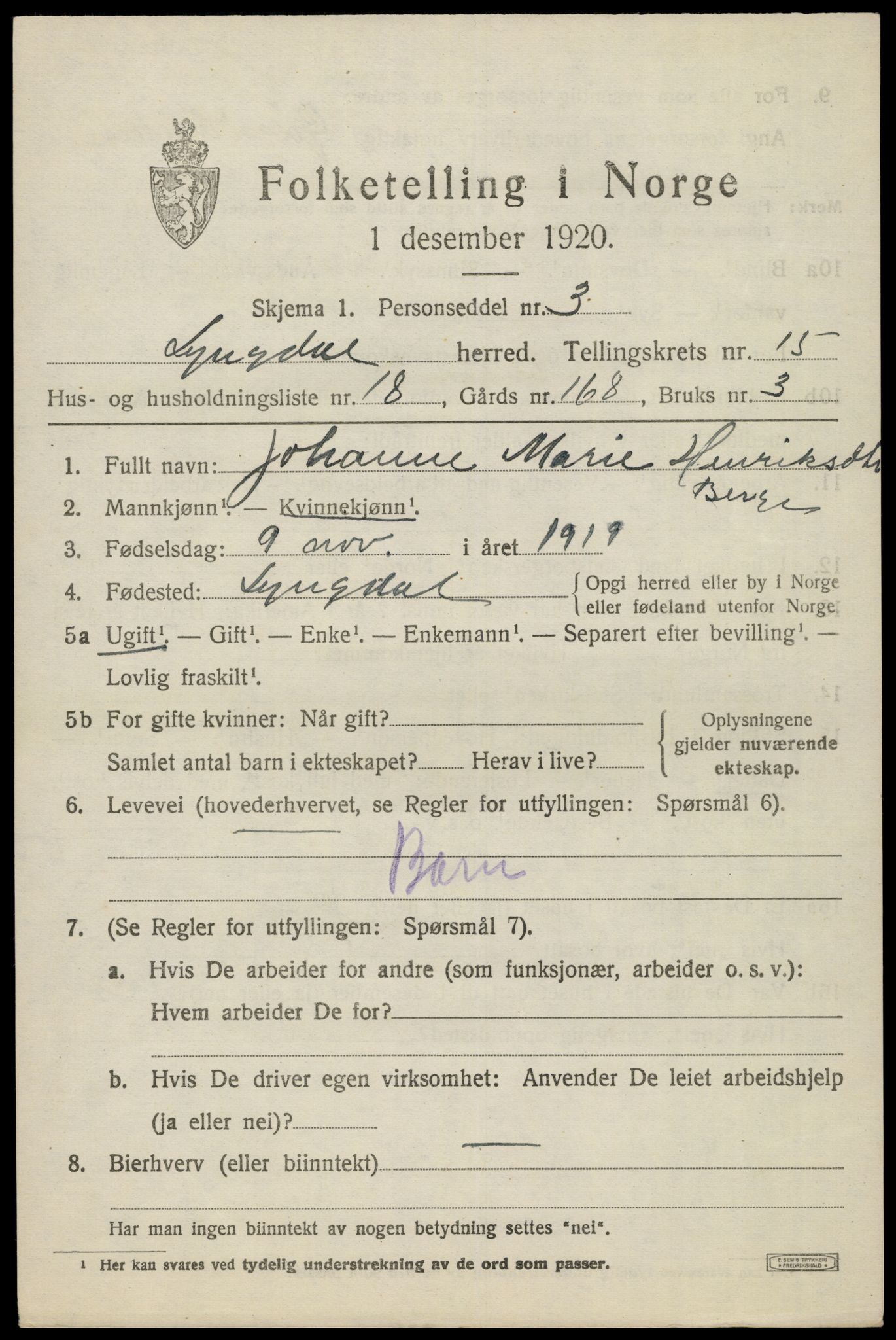 SAK, 1920 census for Lyngdal, 1920, p. 6479