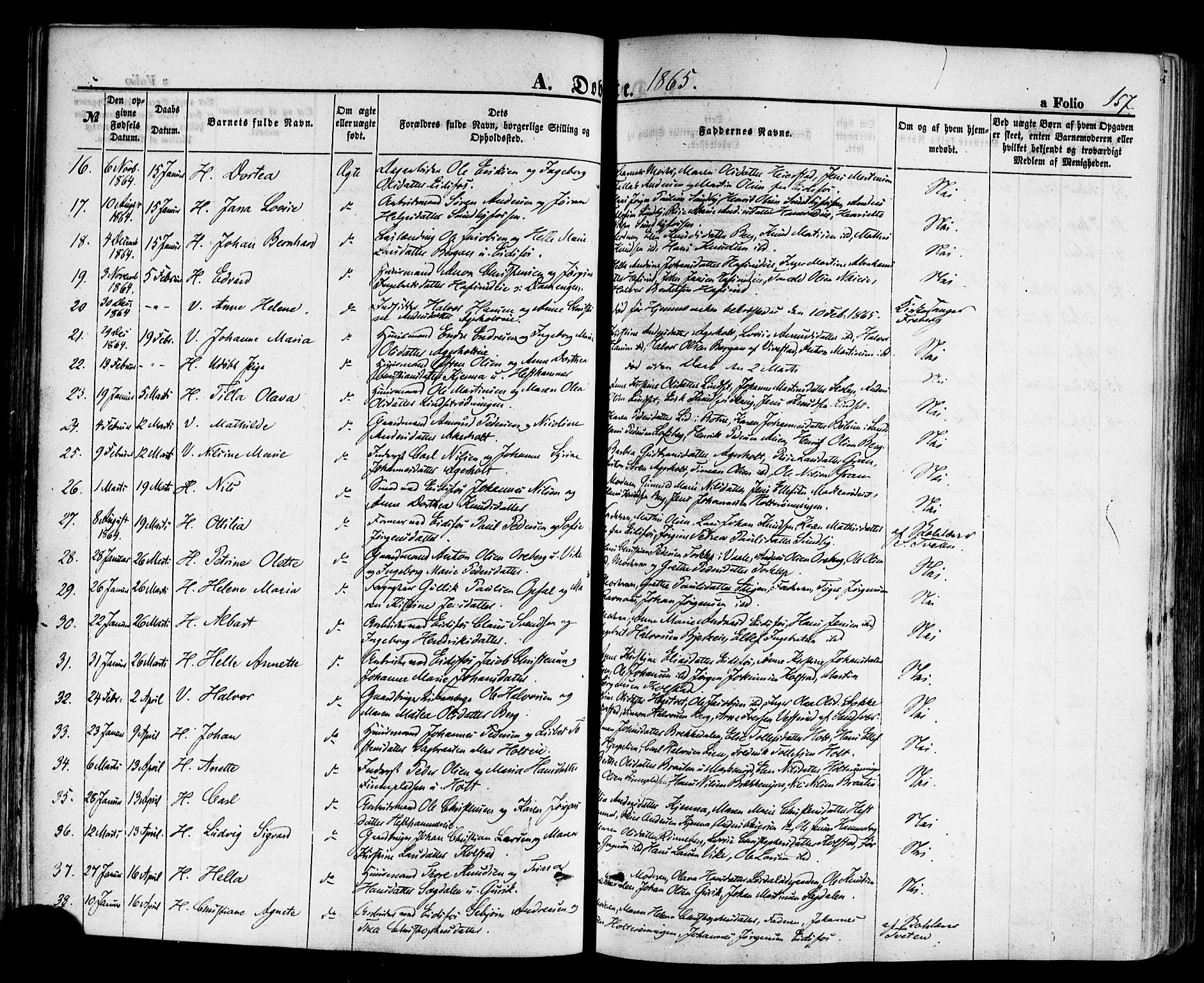 Hof kirkebøker, AV/SAKO-A-64/F/Fa/L0006: Parish register (official) no. I 6, 1851-1877, p. 157