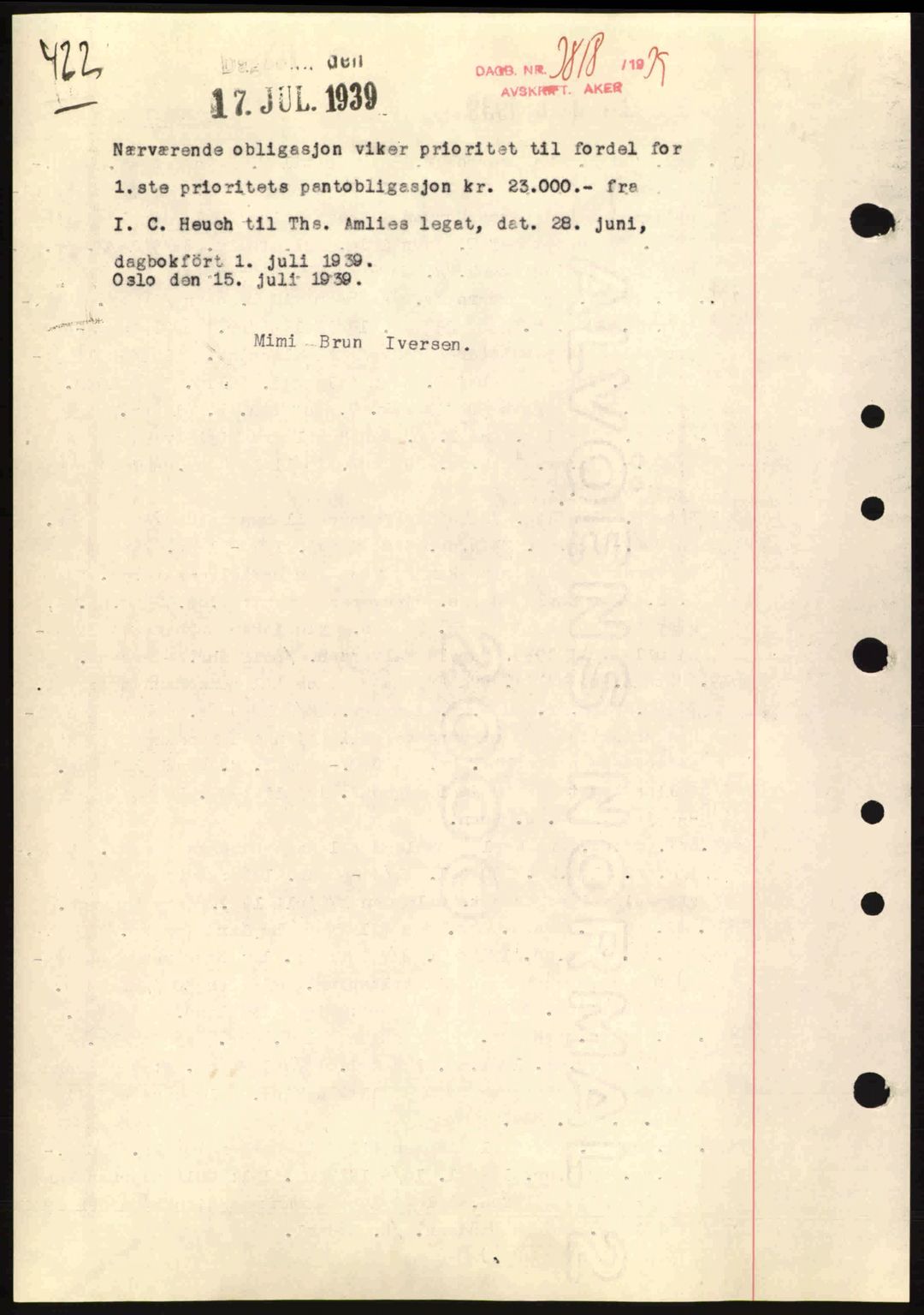 Aker herredsskriveri, AV/SAO-A-10896/G/Gb/Gbb/Gbbc/L0006: Mortgage book no. B62-63, 1939-1939, Diary no: : 3818/1939