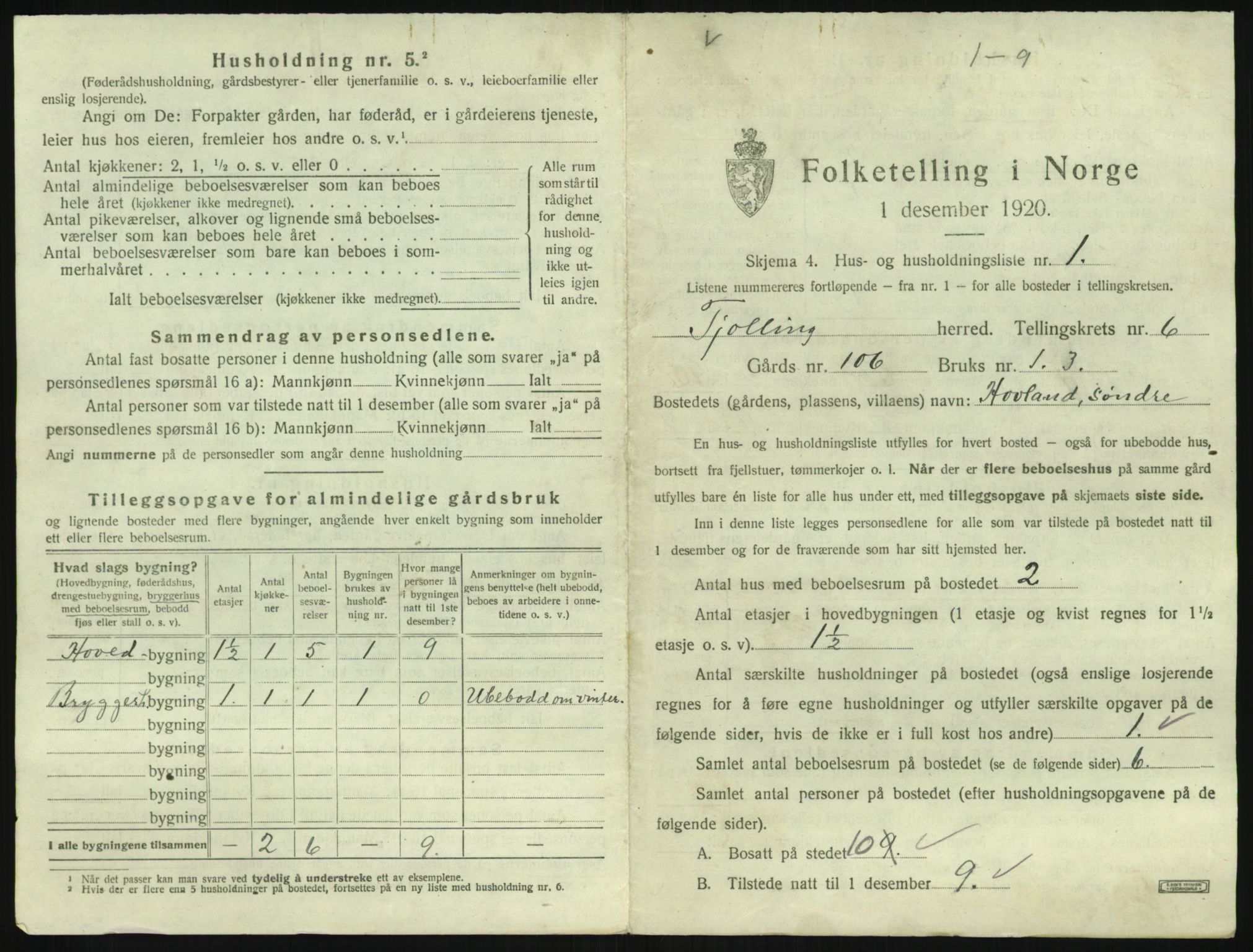 SAKO, 1920 census for Tjølling, 1920, p. 1383