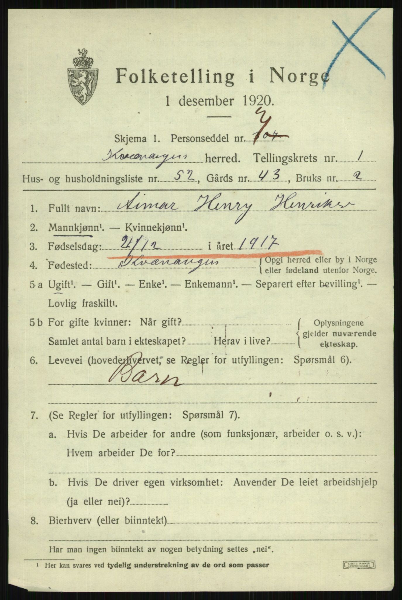 SATØ, 1920 census for Kvænangen, 1920, p. 1212