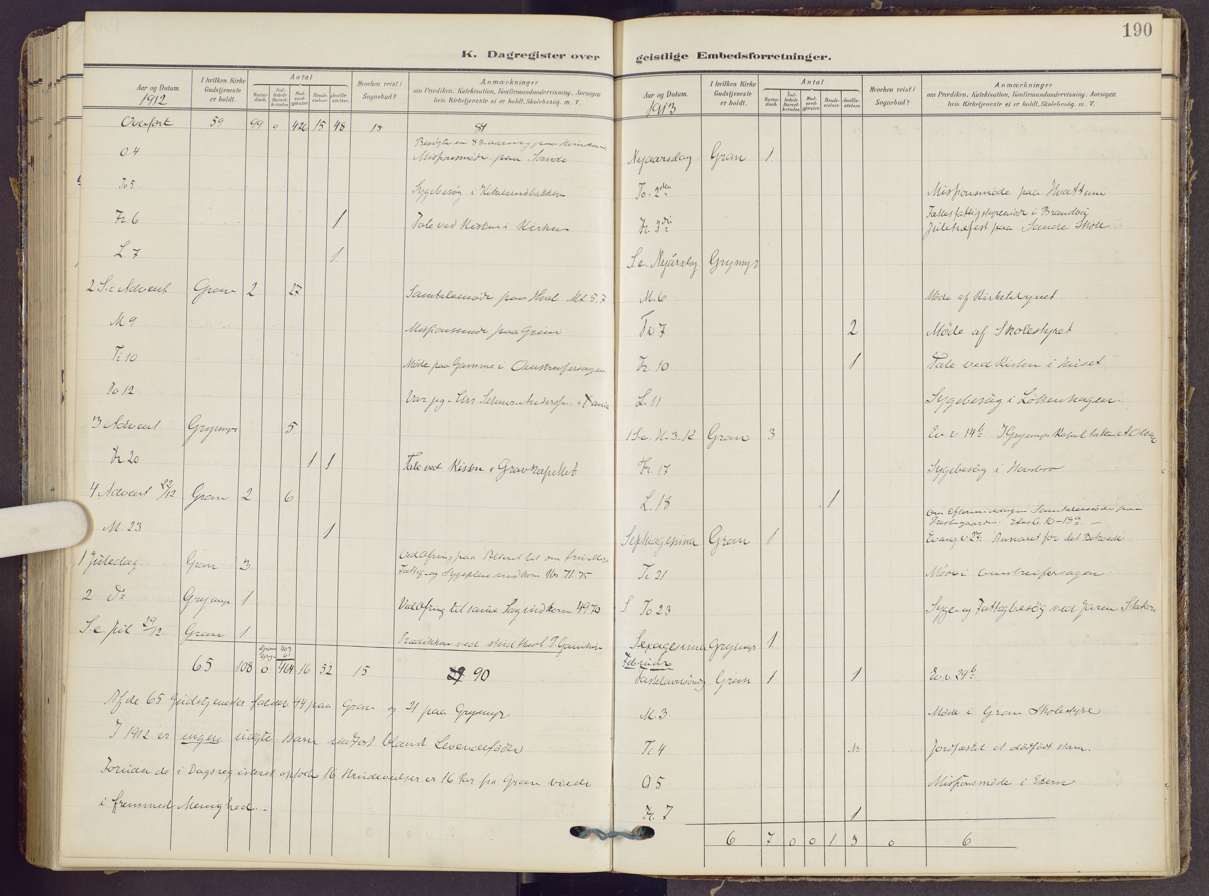 Gran prestekontor, SAH/PREST-112/H/Ha/Haa/L0022: Parish register (official) no. 22, 1908-1918, p. 190