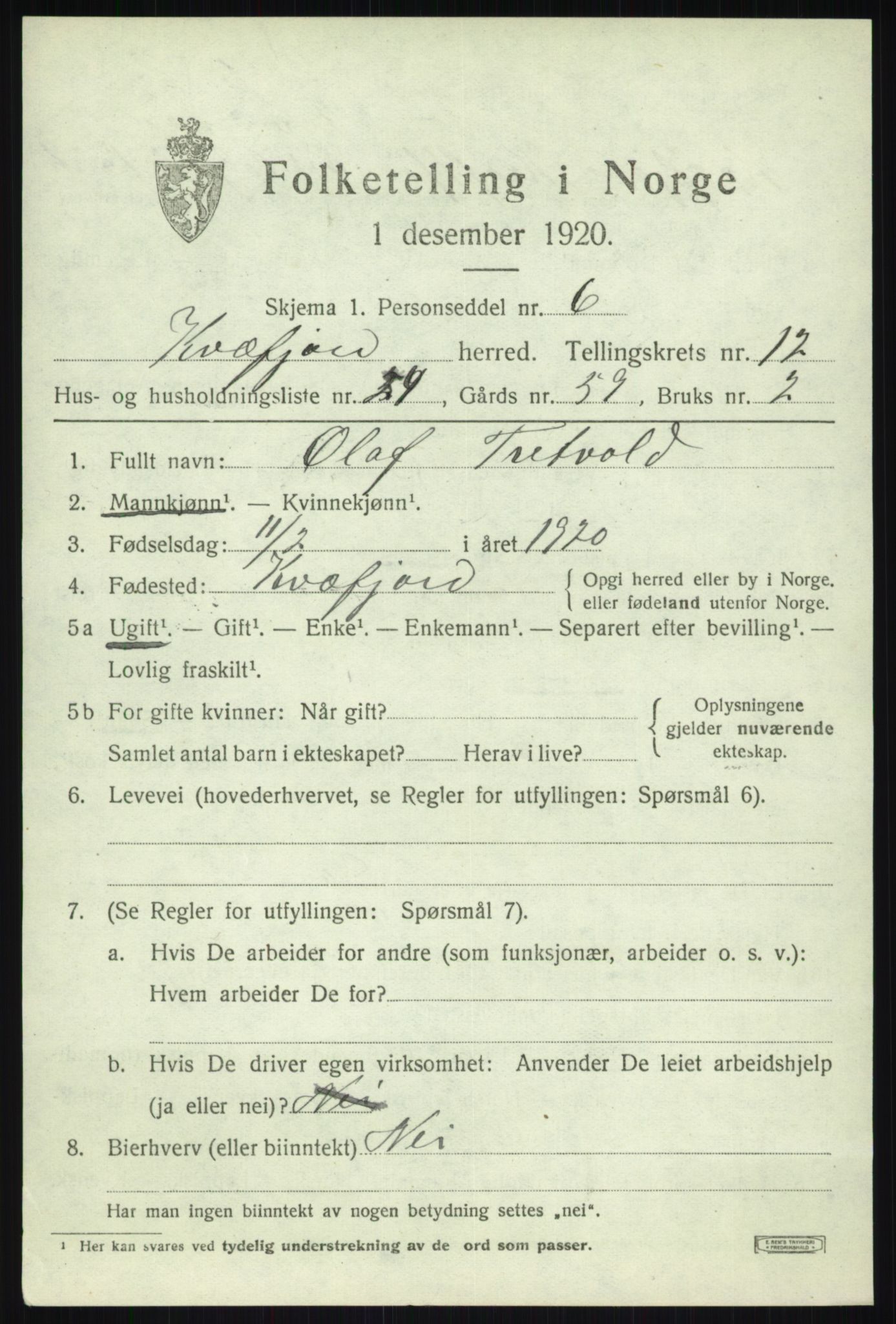 SATØ, 1920 census for Kvæfjord, 1920, p. 5951