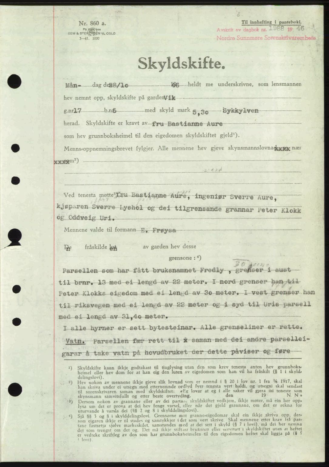 Nordre Sunnmøre sorenskriveri, AV/SAT-A-0006/1/2/2C/2Ca: Mortgage book no. A23, 1946-1947, Diary no: : 1988/1946