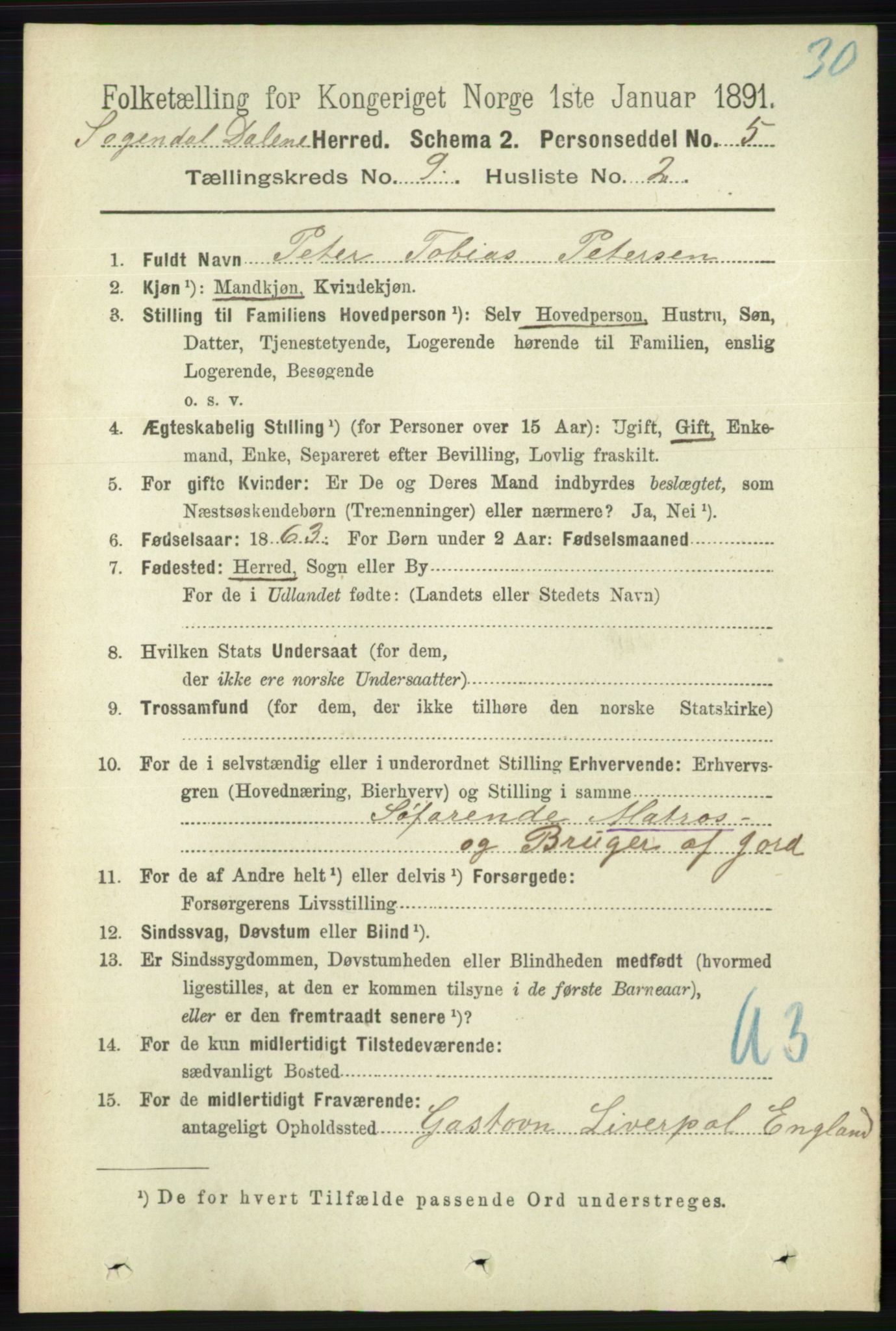 RA, 1891 census for 1111 Sokndal, 1891, p. 3167