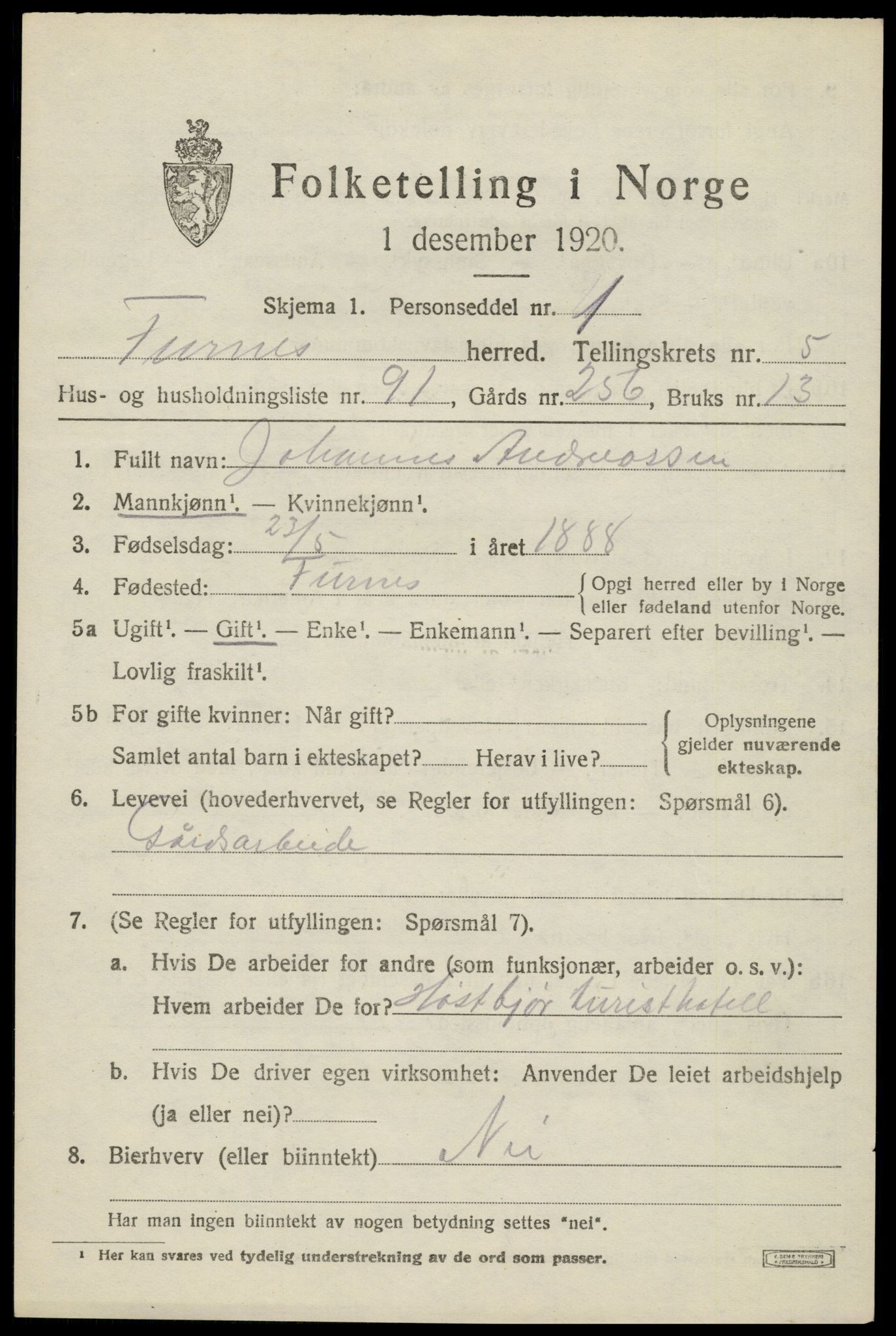 SAH, 1920 census for Furnes, 1920, p. 8149