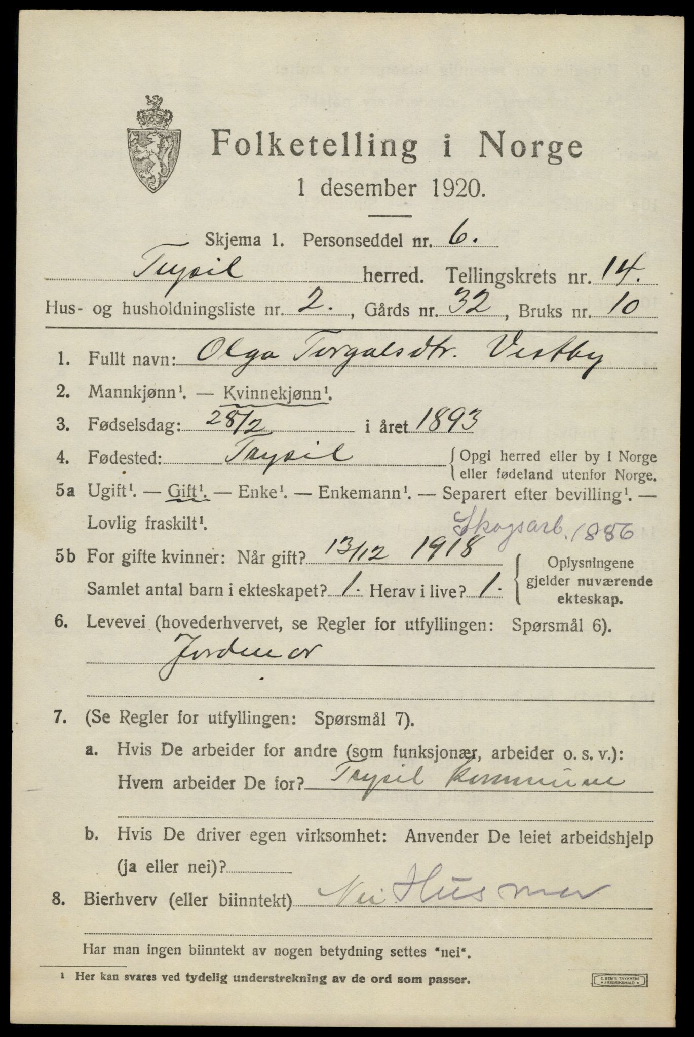 SAH, 1920 census for Trysil, 1920, p. 7893