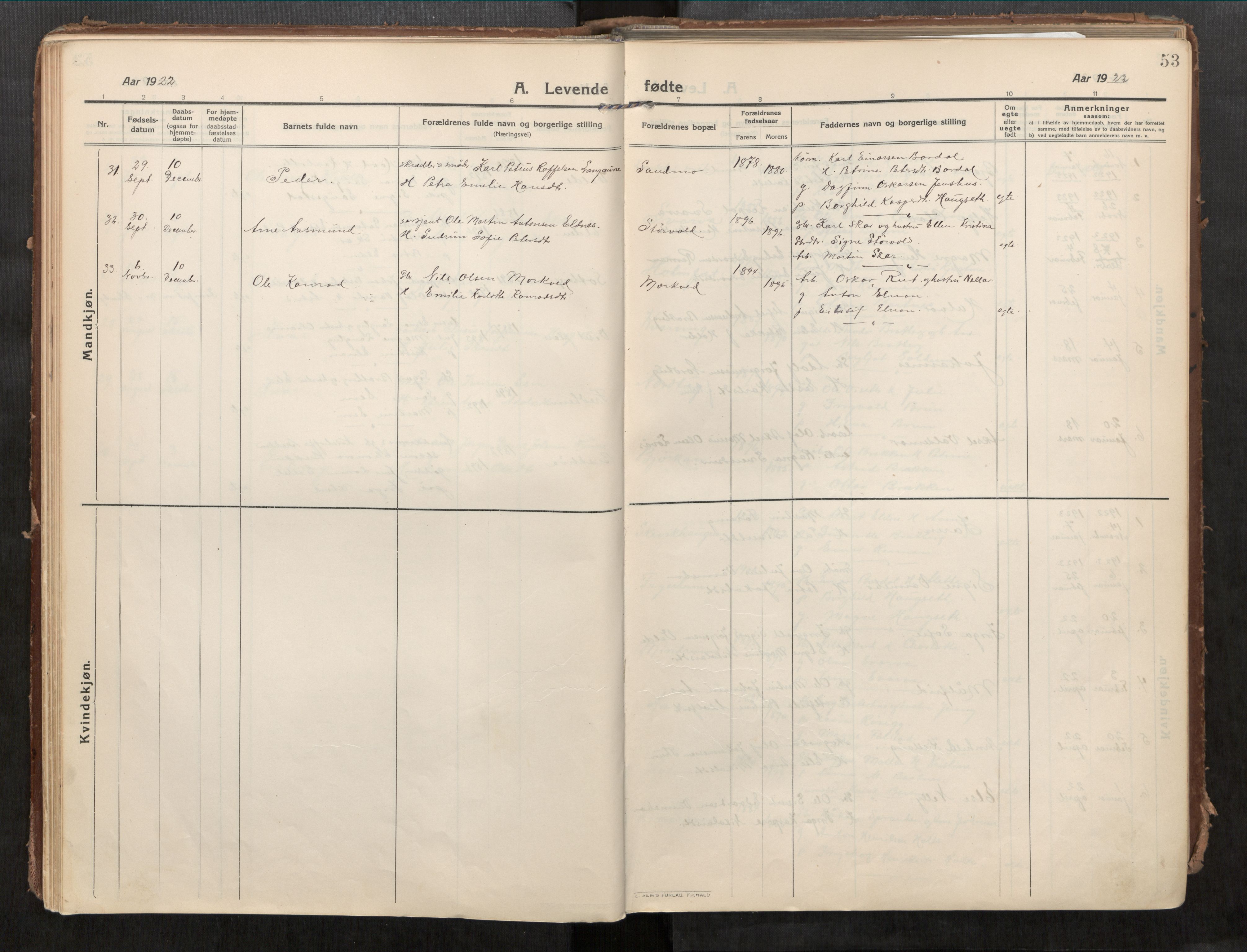 Beitstad sokneprestkontor, AV/SAT-A-1162/I/I1/I1a/L0001: Parish register (official) no. 1, 1912-1927, p. 53