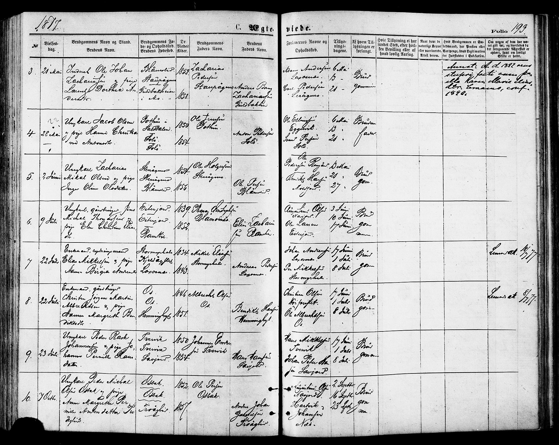 Ministerialprotokoller, klokkerbøker og fødselsregistre - Nordland, SAT/A-1459/846/L0645: Parish register (official) no. 846A03, 1872-1886, p. 193