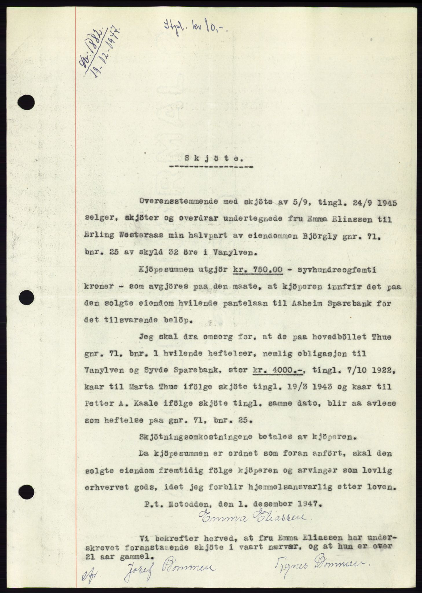 Søre Sunnmøre sorenskriveri, AV/SAT-A-4122/1/2/2C/L0081: Mortgage book no. 7A, 1947-1948, Diary no: : 1882/1947