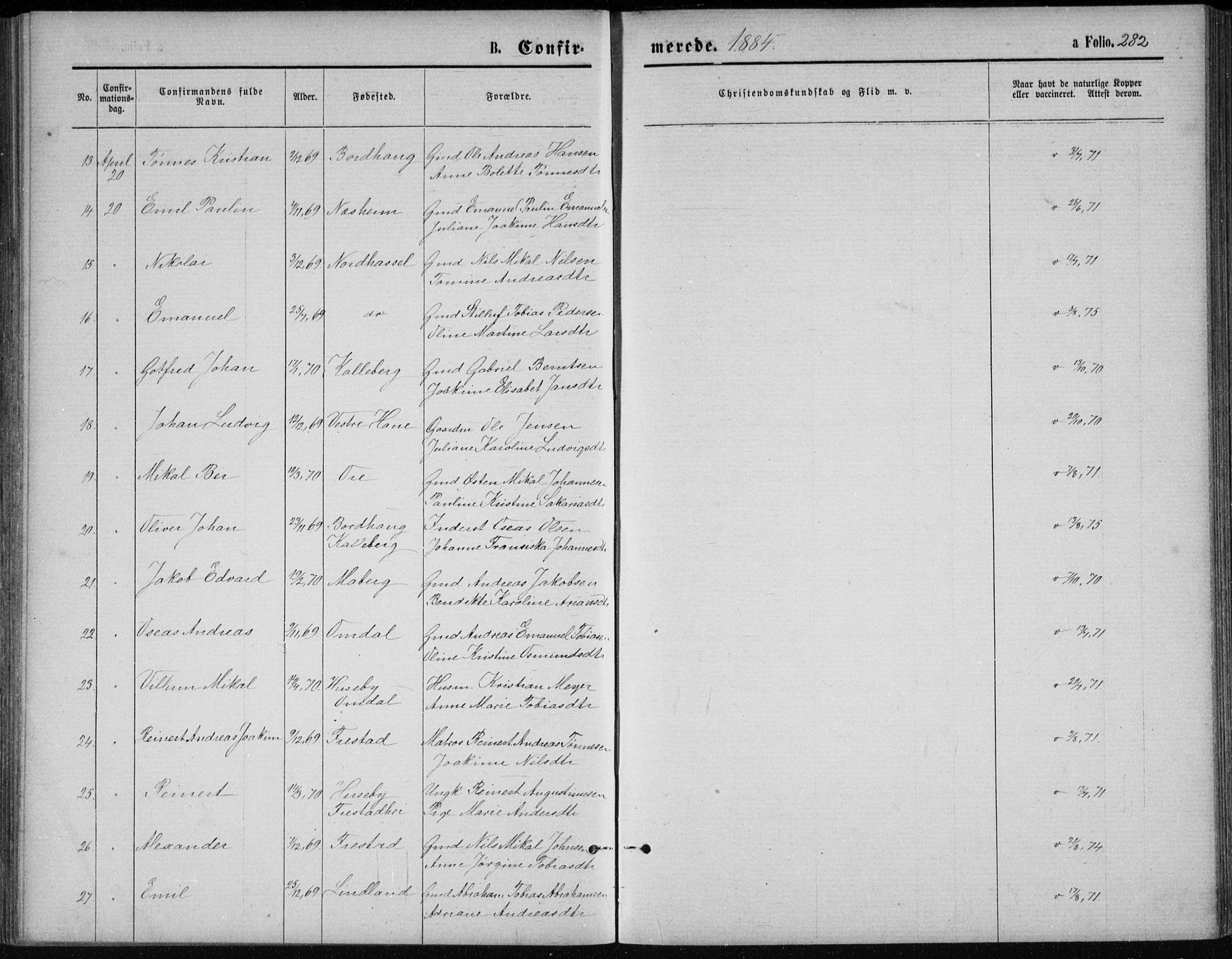Lista sokneprestkontor, AV/SAK-1111-0027/F/Fb/L0004: Parish register (copy) no. B 4, 1877-1891, p. 282