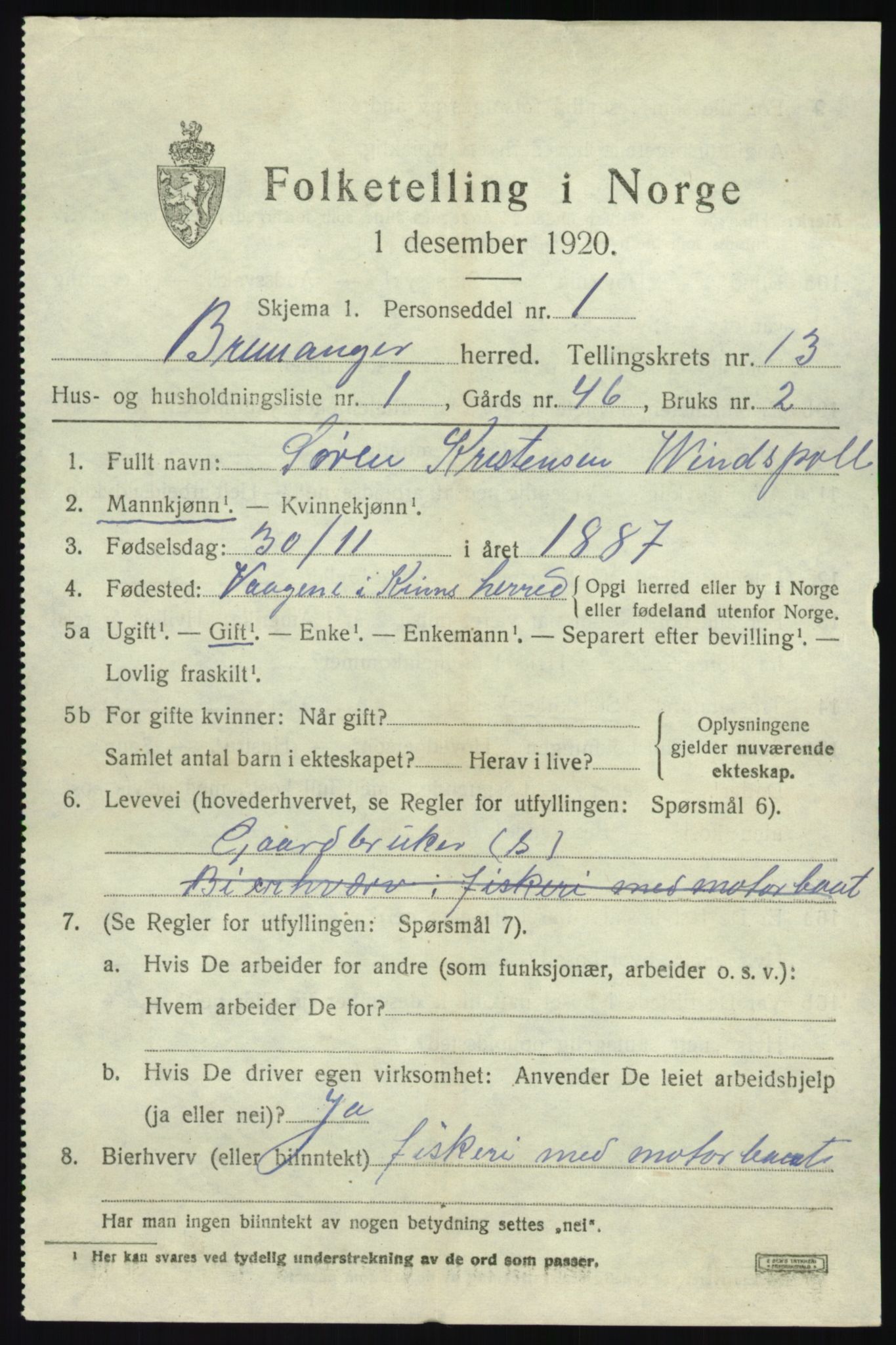 SAB, 1920 census for Bremanger, 1920, p. 6754