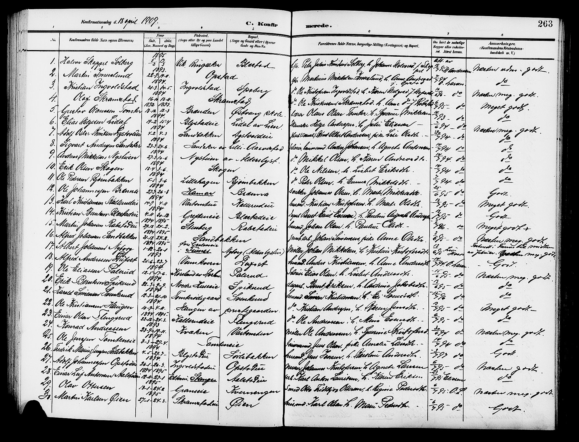 Vang prestekontor, Hedmark, SAH/PREST-008/H/Ha/Hab/L0014: Parish register (copy) no. 14, 1896-1914, p. 263