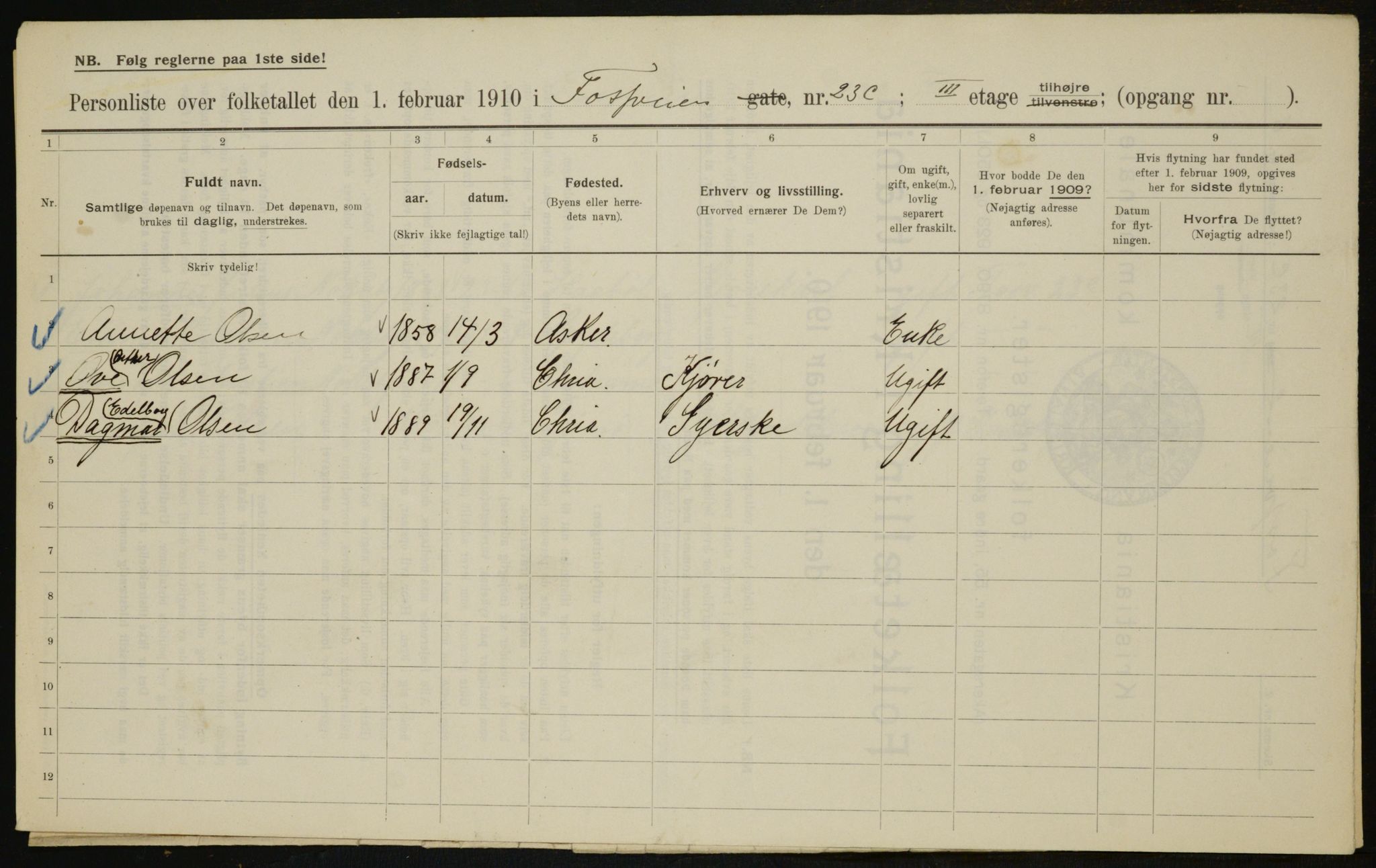 OBA, Municipal Census 1910 for Kristiania, 1910, p. 23807