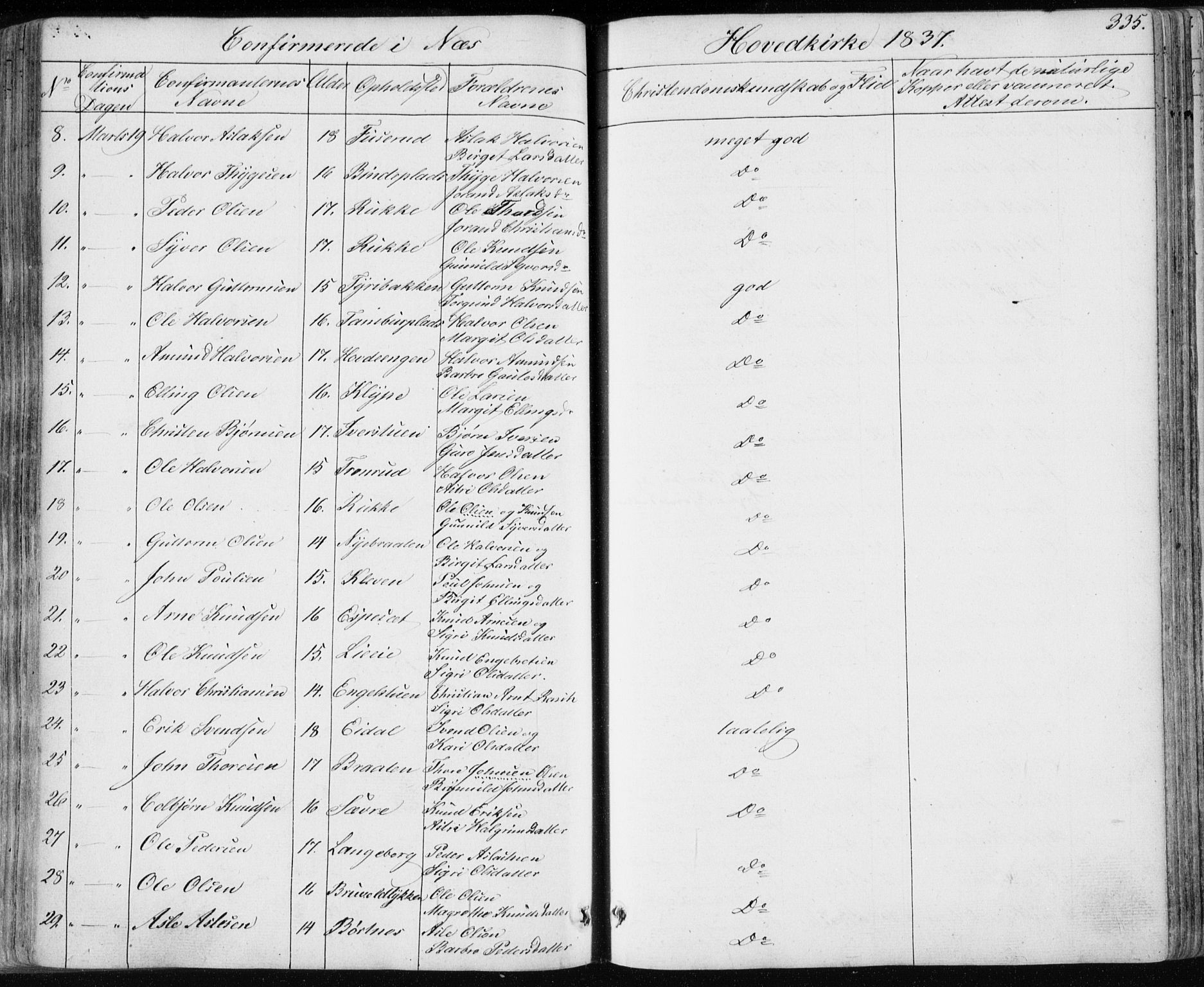 Nes kirkebøker, SAKO/A-236/F/Fa/L0009: Parish register (official) no. 9, 1834-1863, p. 335