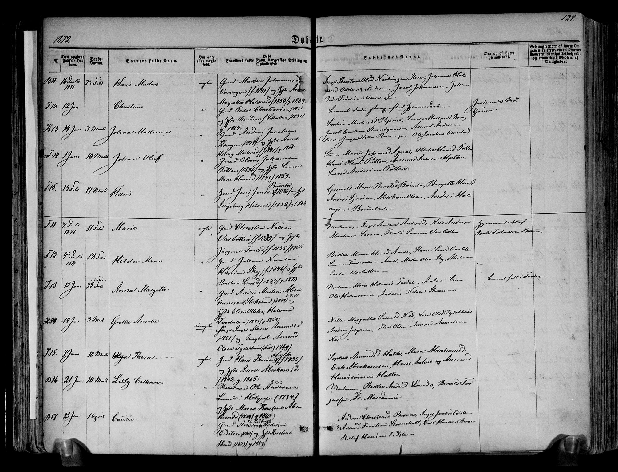 Brunlanes kirkebøker, AV/SAKO-A-342/F/Fa/L0005: Parish register (official) no. I 5, 1862-1877, p. 124