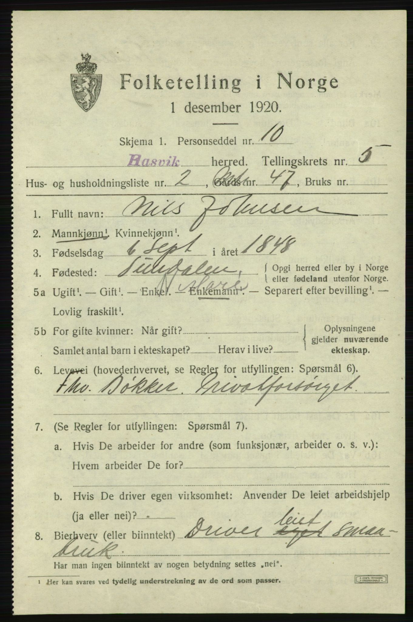 SATØ, 1920 census for Hasvik, 1920, p. 2343