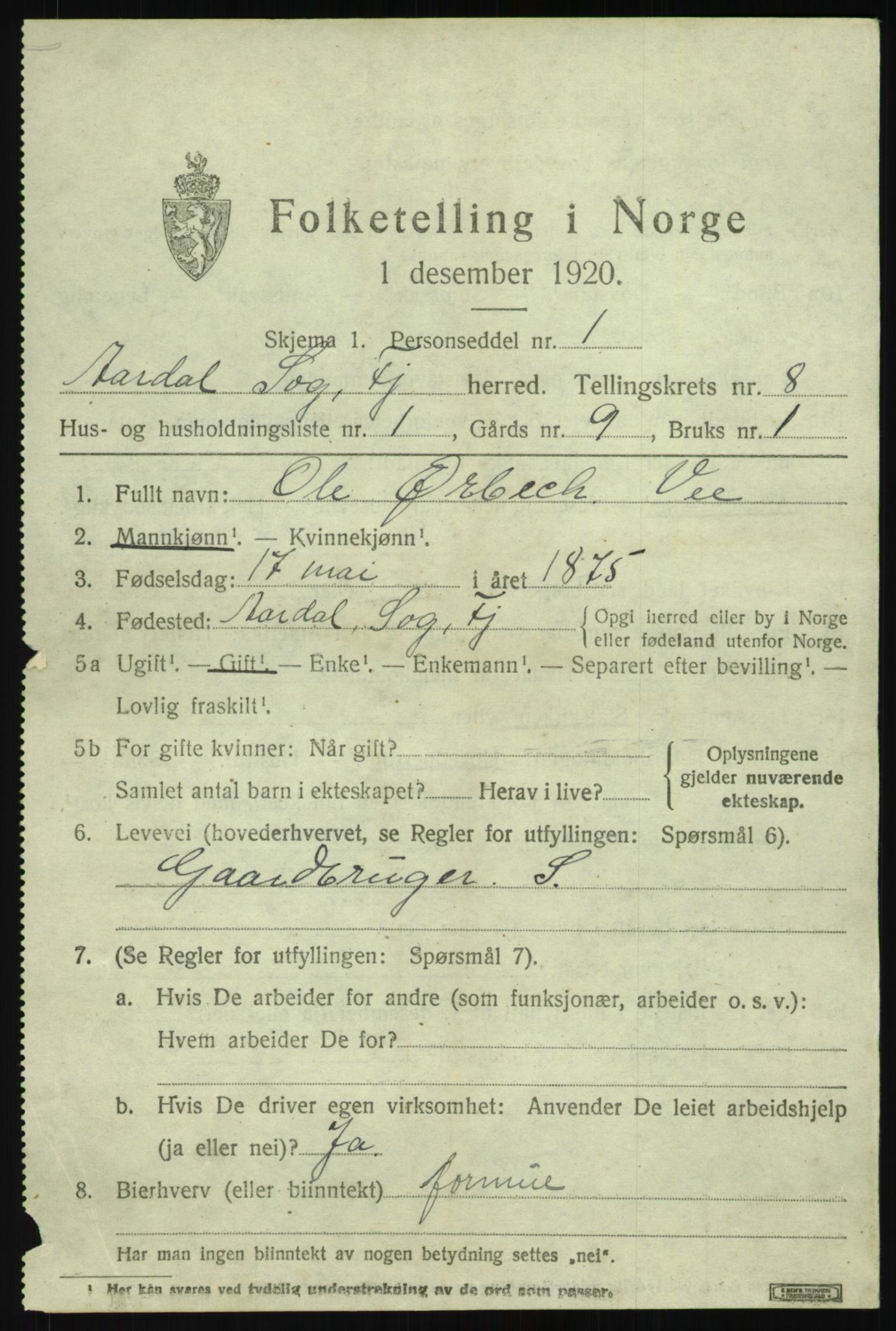 SAB, 1920 census for Årdal, 1920, p. 3487