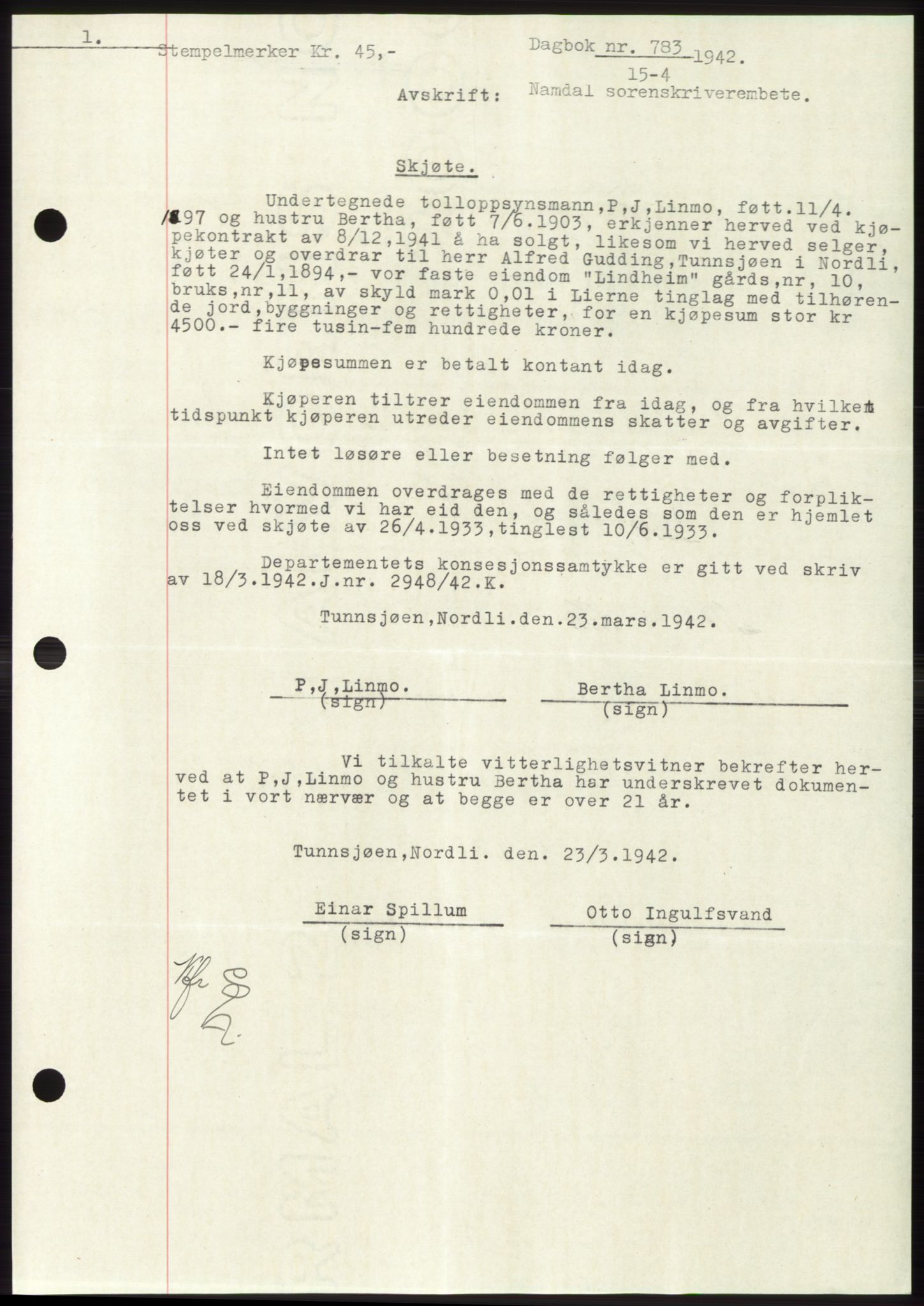 Namdal sorenskriveri, SAT/A-4133/1/2/2C: Mortgage book no. -, 1941-1942, Diary no: : 783/1942