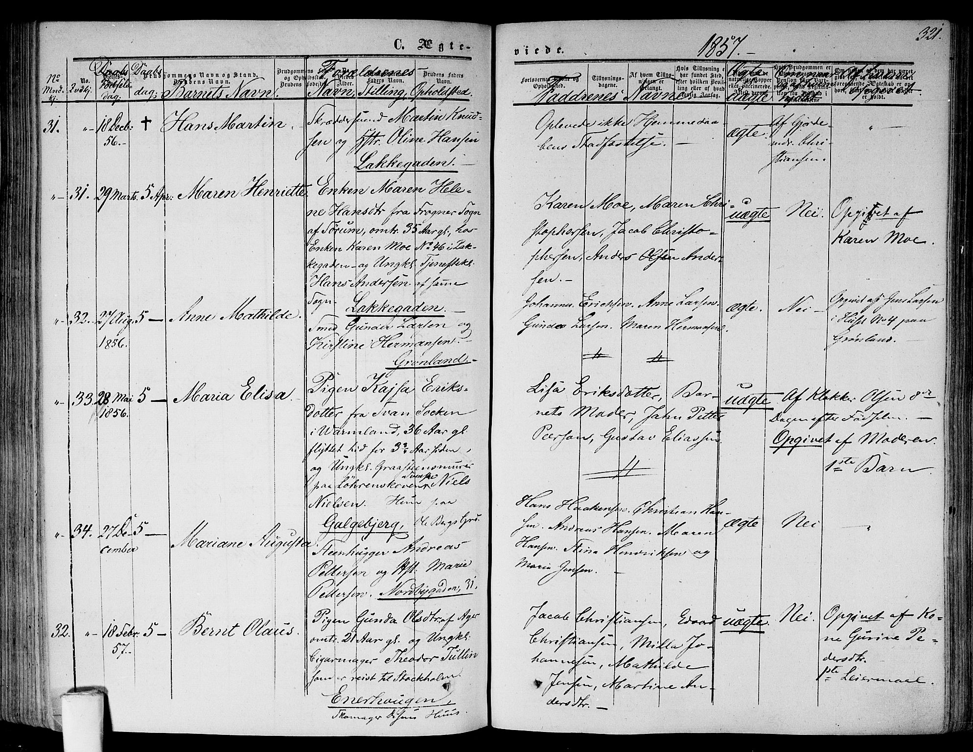 Gamlebyen prestekontor Kirkebøker, SAO/A-10884/F/Fa/L0004: Parish register (official) no. 4, 1850-1857, p. 321