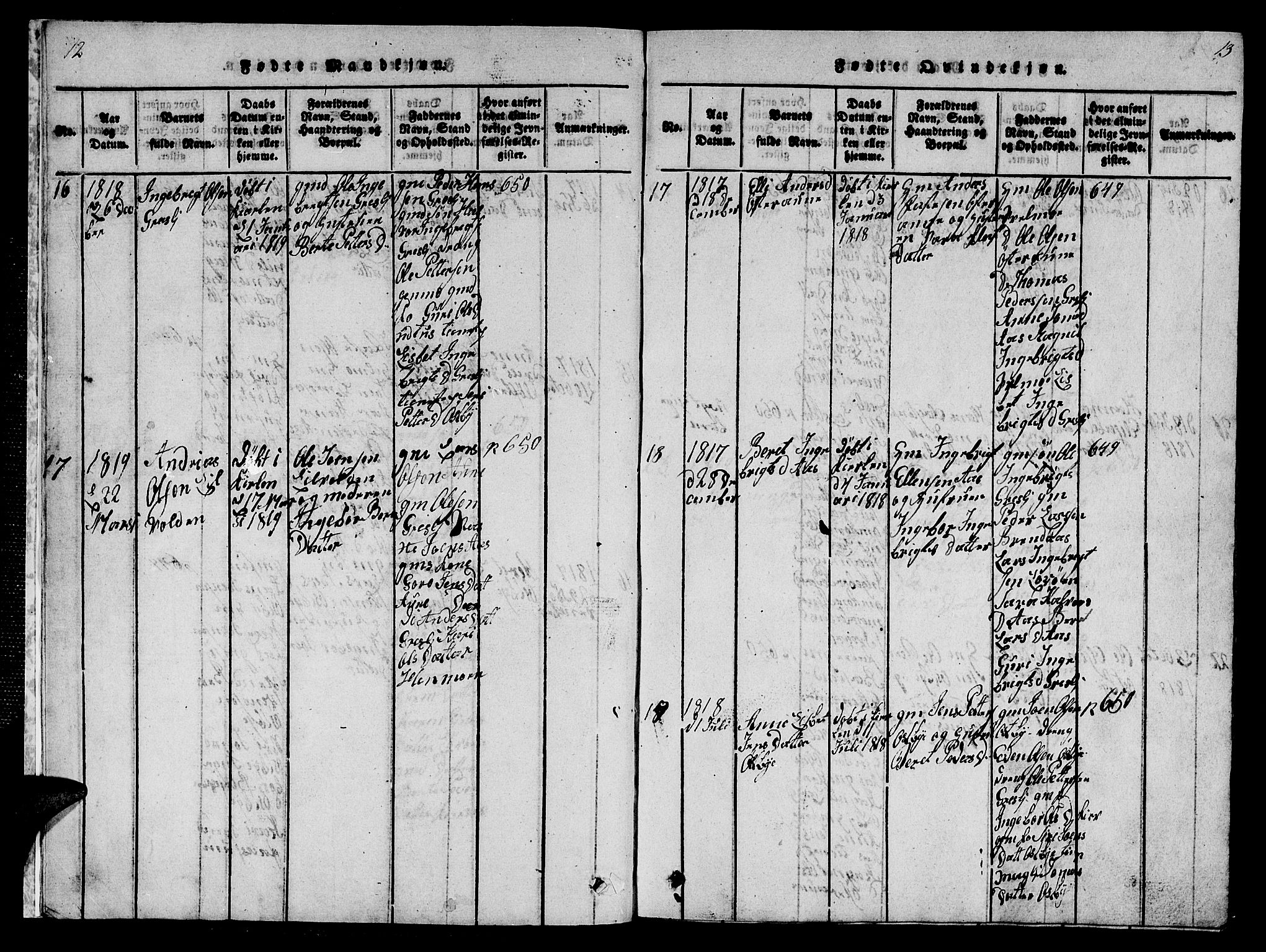 Ministerialprotokoller, klokkerbøker og fødselsregistre - Sør-Trøndelag, SAT/A-1456/698/L1164: Parish register (copy) no. 698C01, 1816-1861, p. 12-13