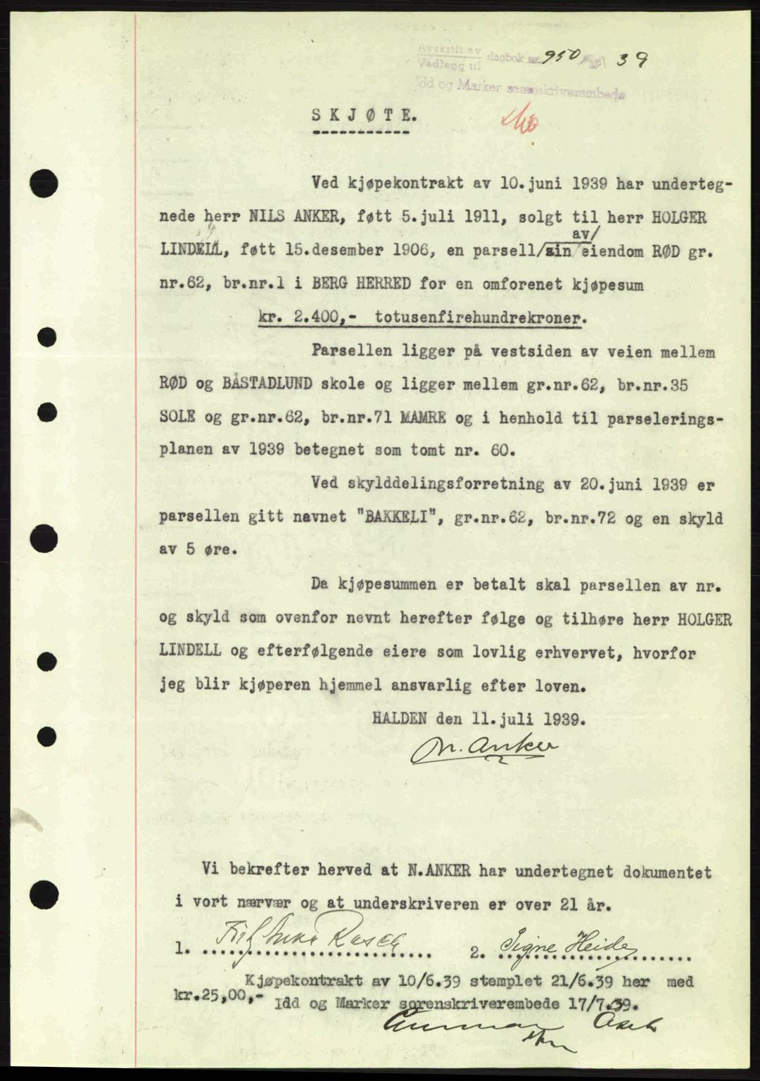 Idd og Marker sorenskriveri, AV/SAO-A-10283/G/Gb/Gbb/L0003: Mortgage book no. A3, 1938-1939, Diary no: : 950/1939