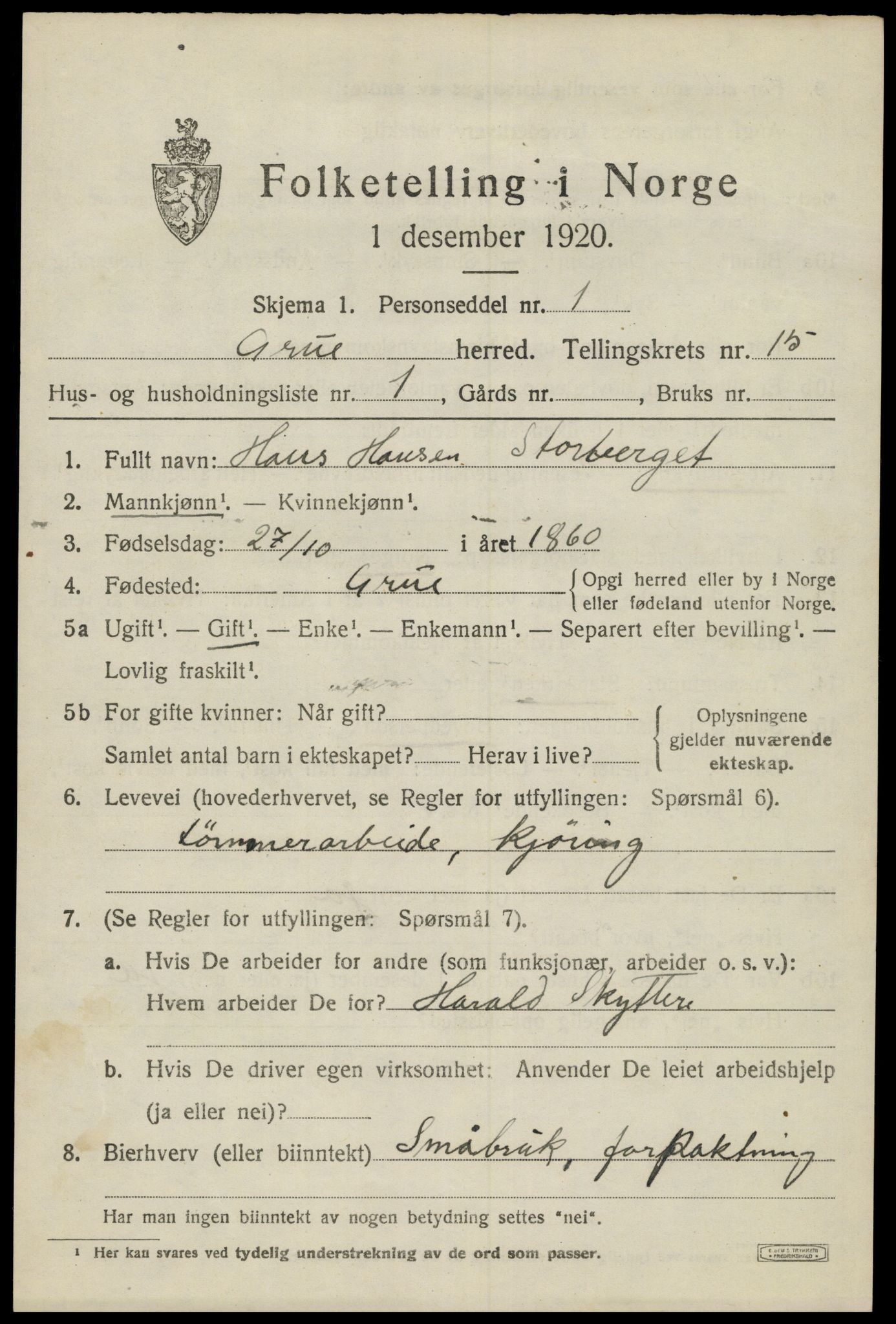 SAH, 1920 census for Grue, 1920, p. 13275