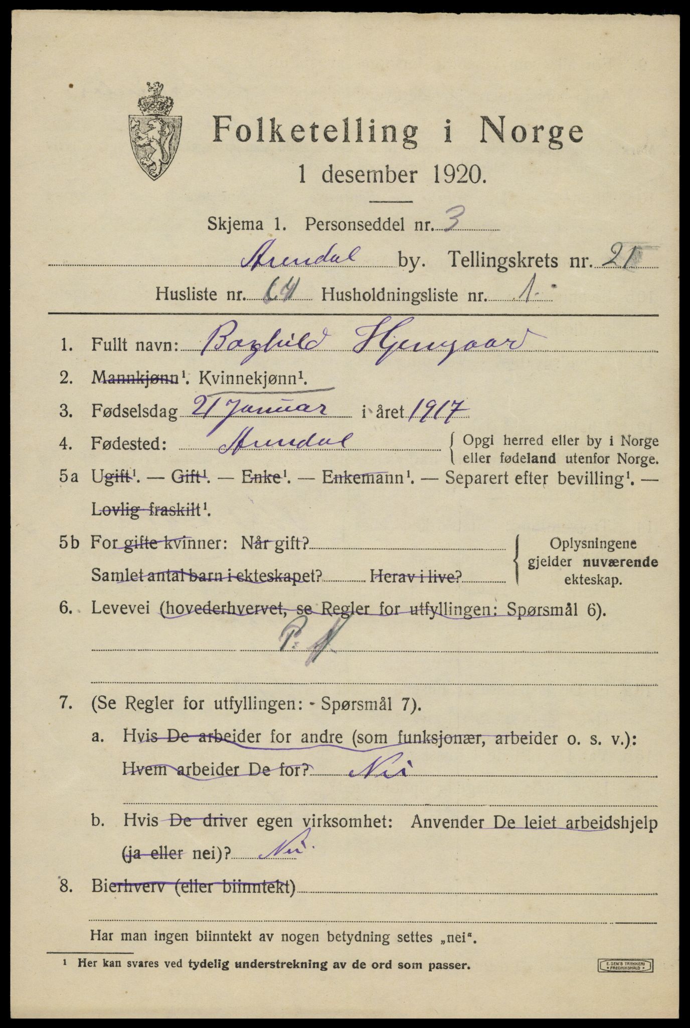 SAK, 1920 census for Arendal, 1920, p. 28112