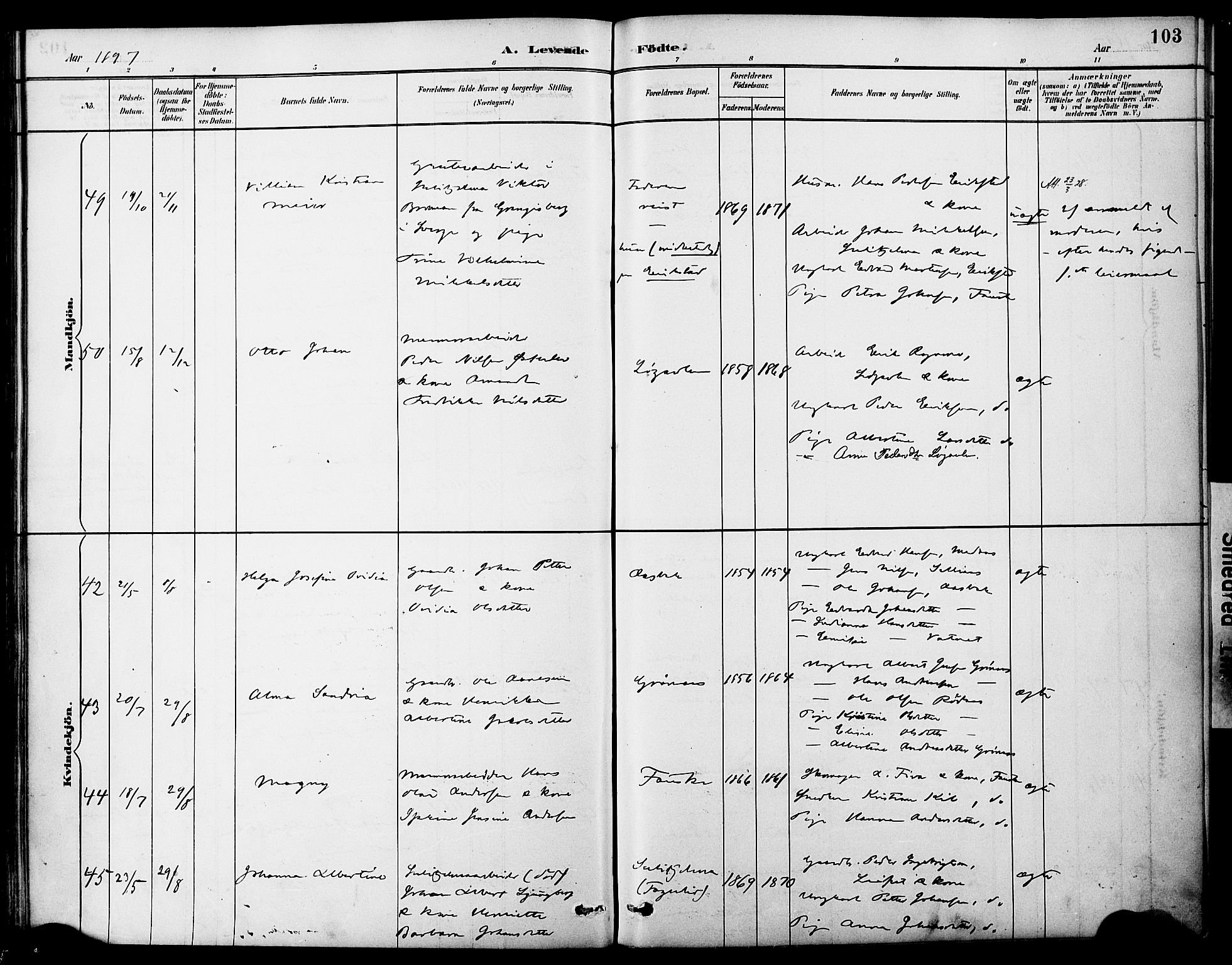 Ministerialprotokoller, klokkerbøker og fødselsregistre - Nordland, AV/SAT-A-1459/849/L0690: Parish register (official) no. 849A02, 1890-1897, p. 103