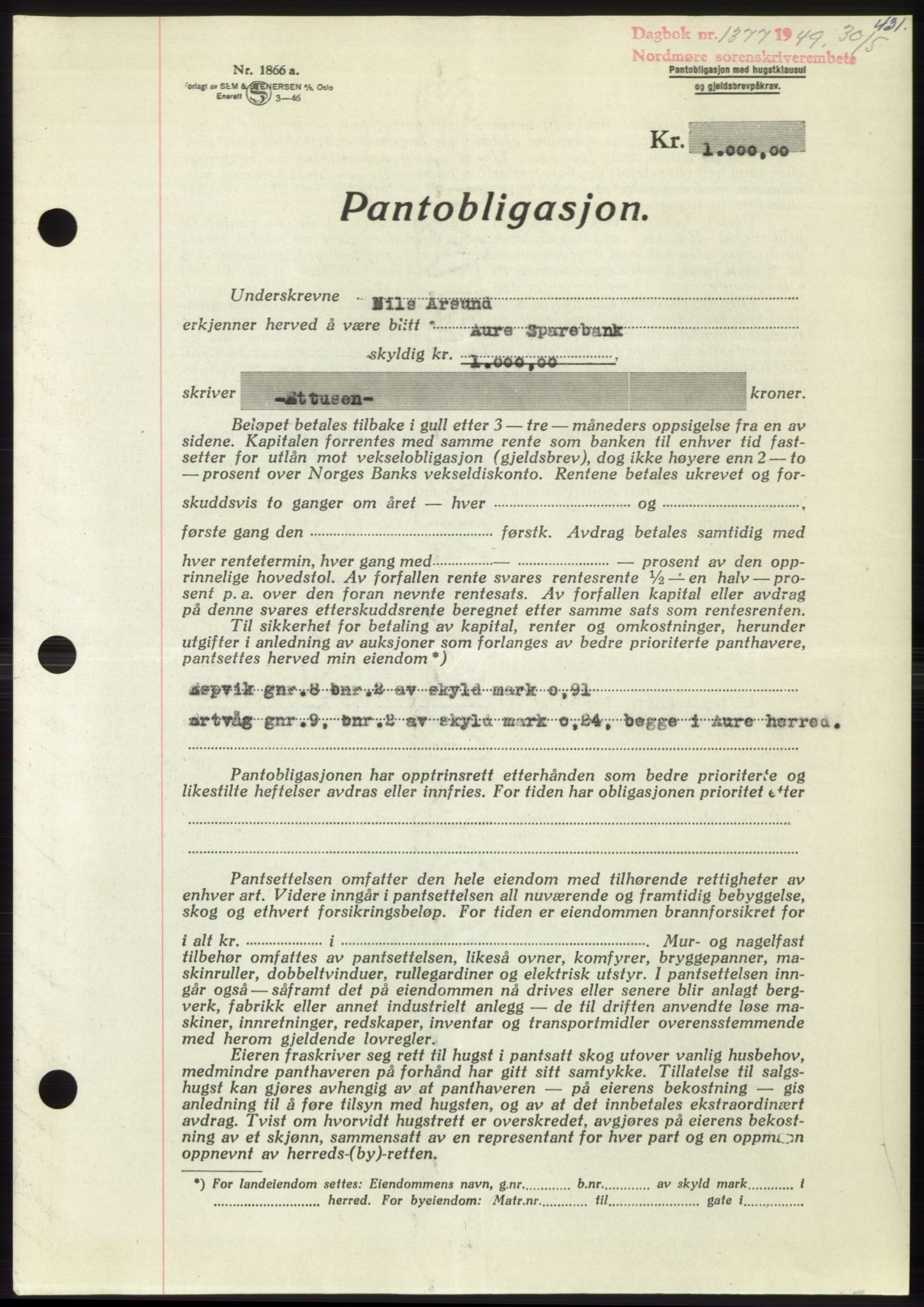 Nordmøre sorenskriveri, AV/SAT-A-4132/1/2/2Ca: Mortgage book no. B101, 1949-1949, Diary no: : 1377/1949