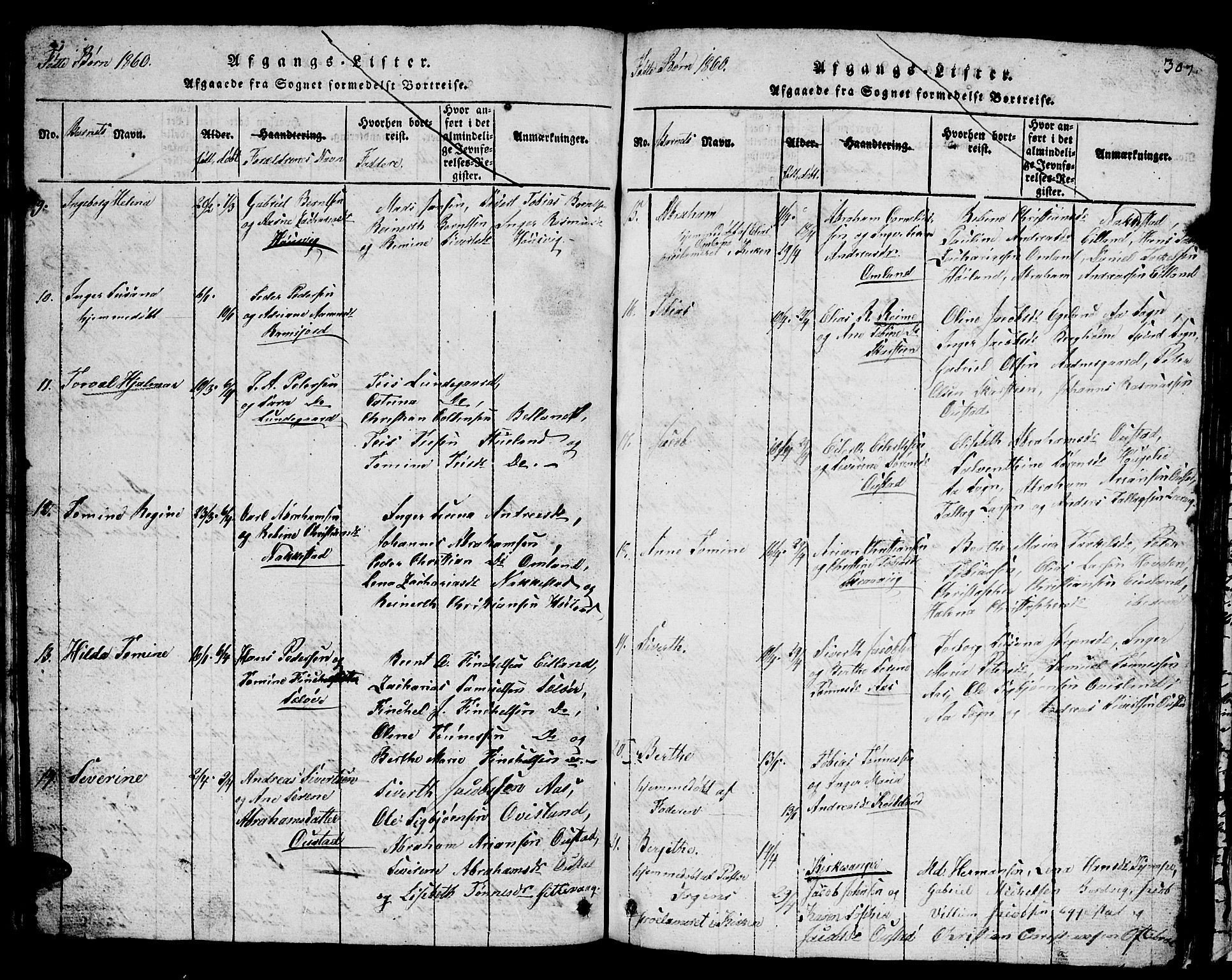 Lyngdal sokneprestkontor, AV/SAK-1111-0029/F/Fb/Fba/L0001: Parish register (copy) no. B 1, 1816-1876, p. 307