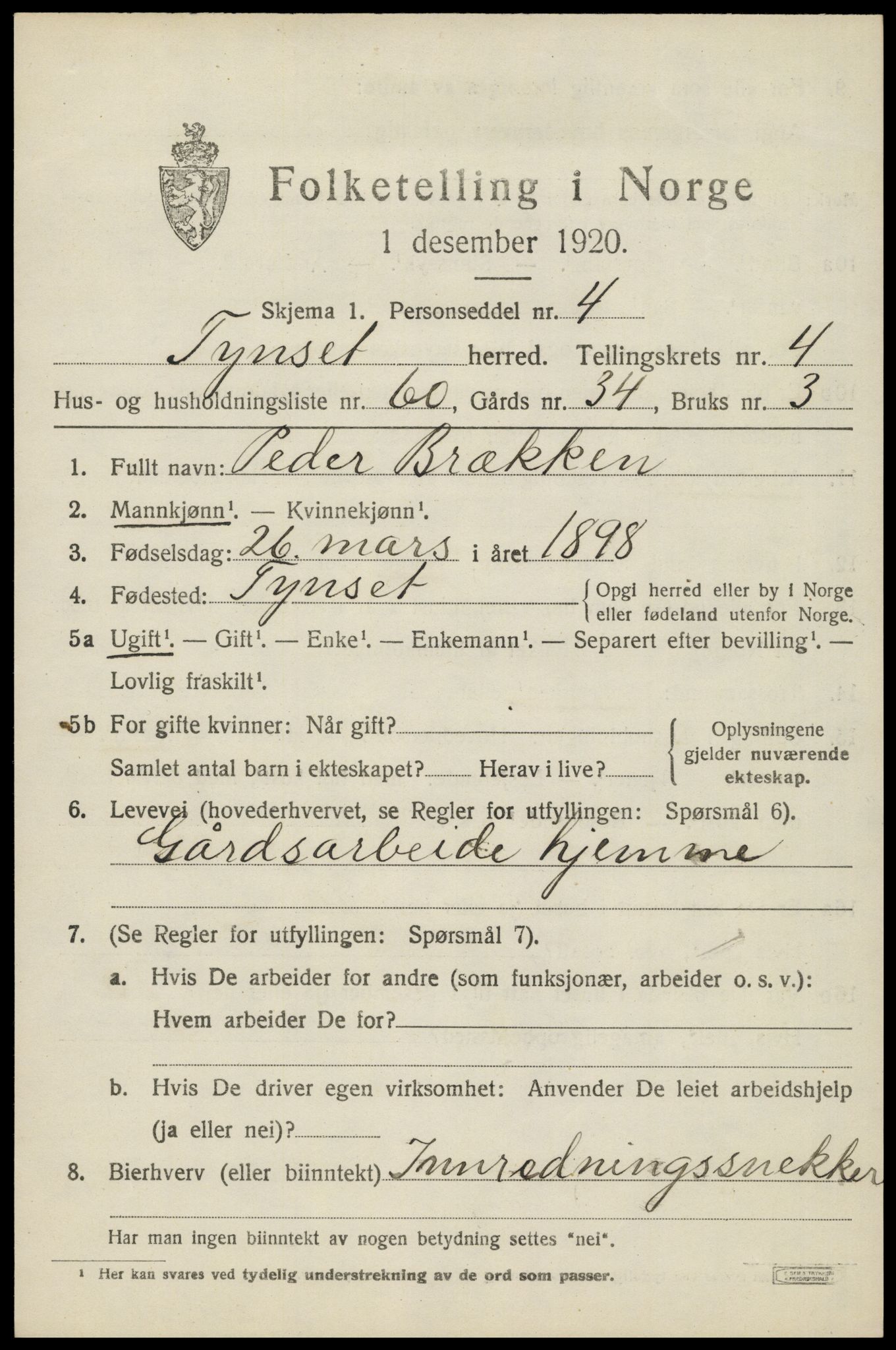 SAH, 1920 census for Tynset, 1920, p. 3964