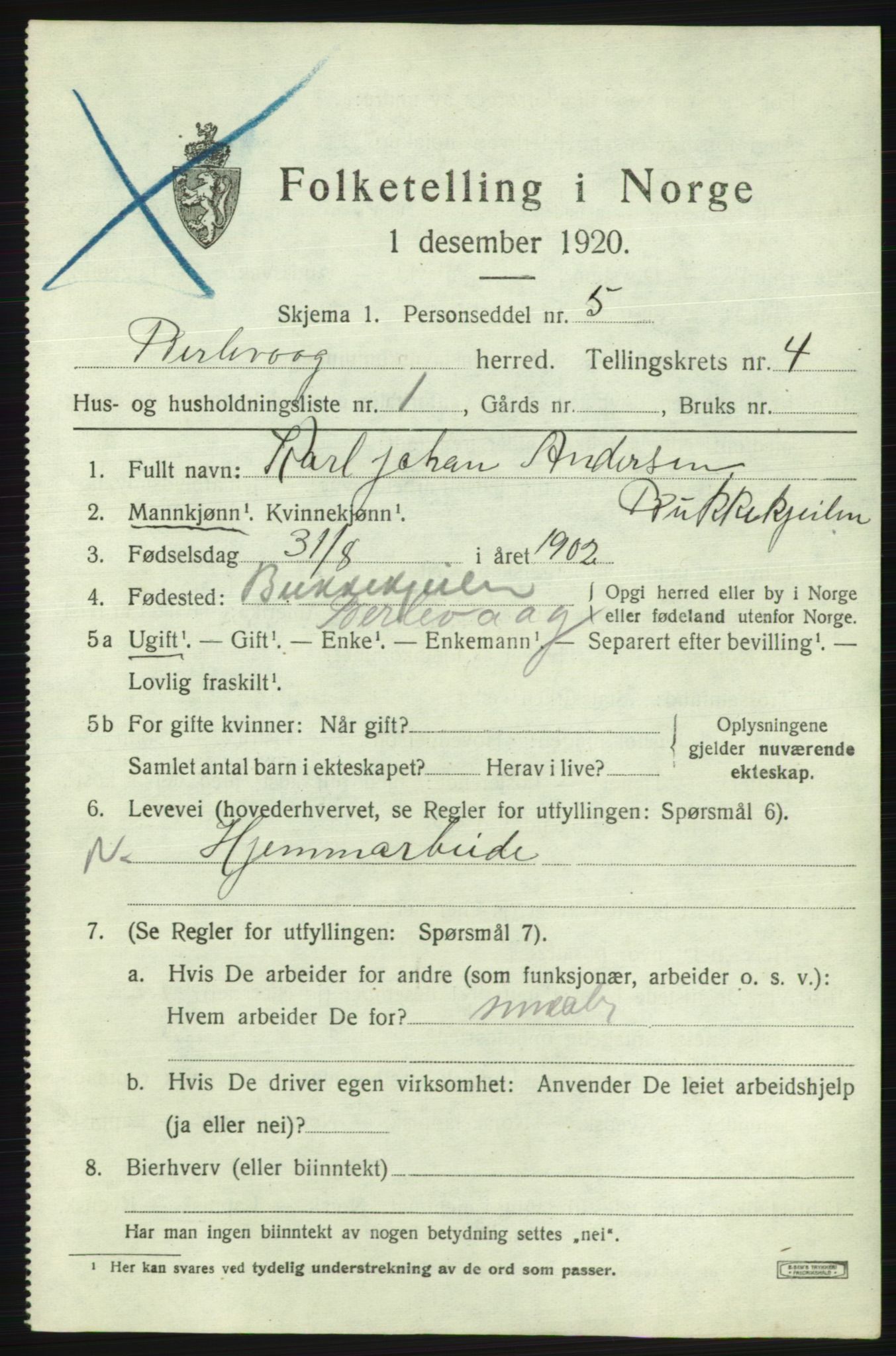 SATØ, 1920 census for Berlevåg, 1920, p. 2485