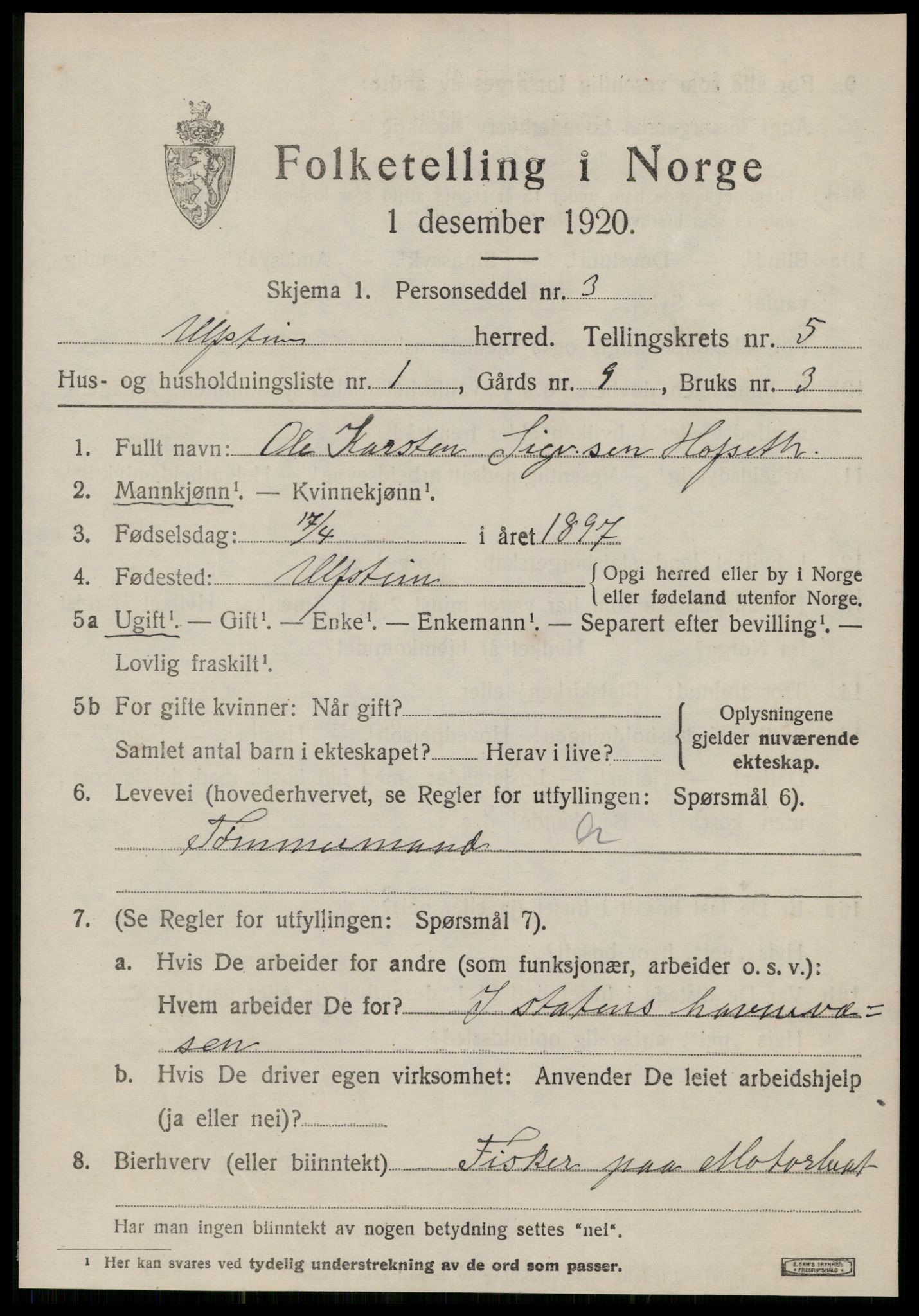 SAT, 1920 census for Ulstein, 1920, p. 3120