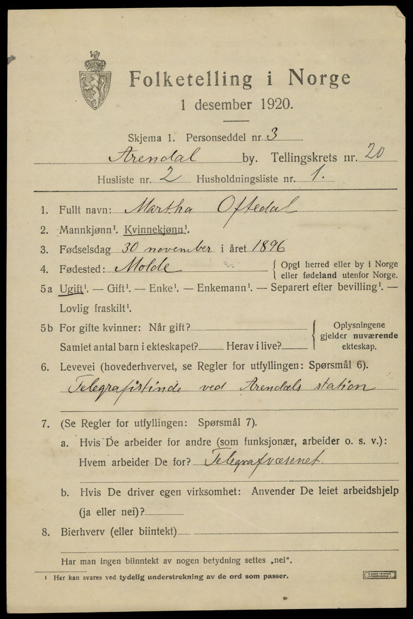 SAK, 1920 census for Arendal, 1920, p. 26858