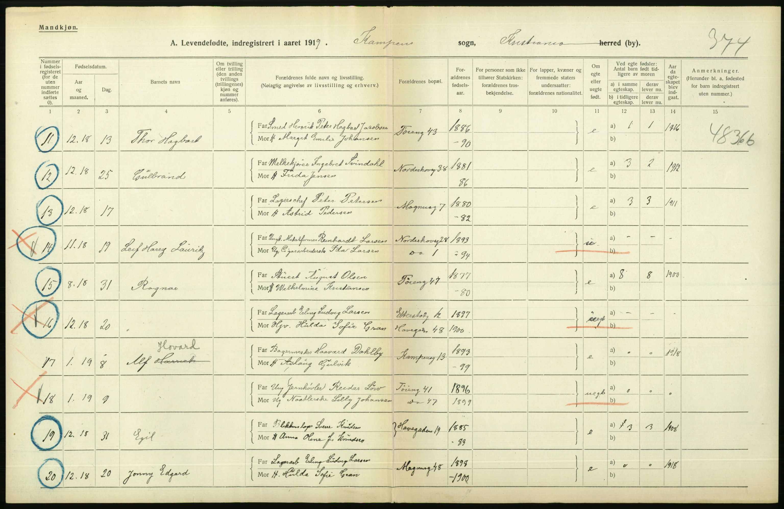 Statistisk sentralbyrå, Sosiodemografiske emner, Befolkning, AV/RA-S-2228/D/Df/Dfb/Dfbi/L0008: Kristiania: Levendefødte menn og kvinner., 1919