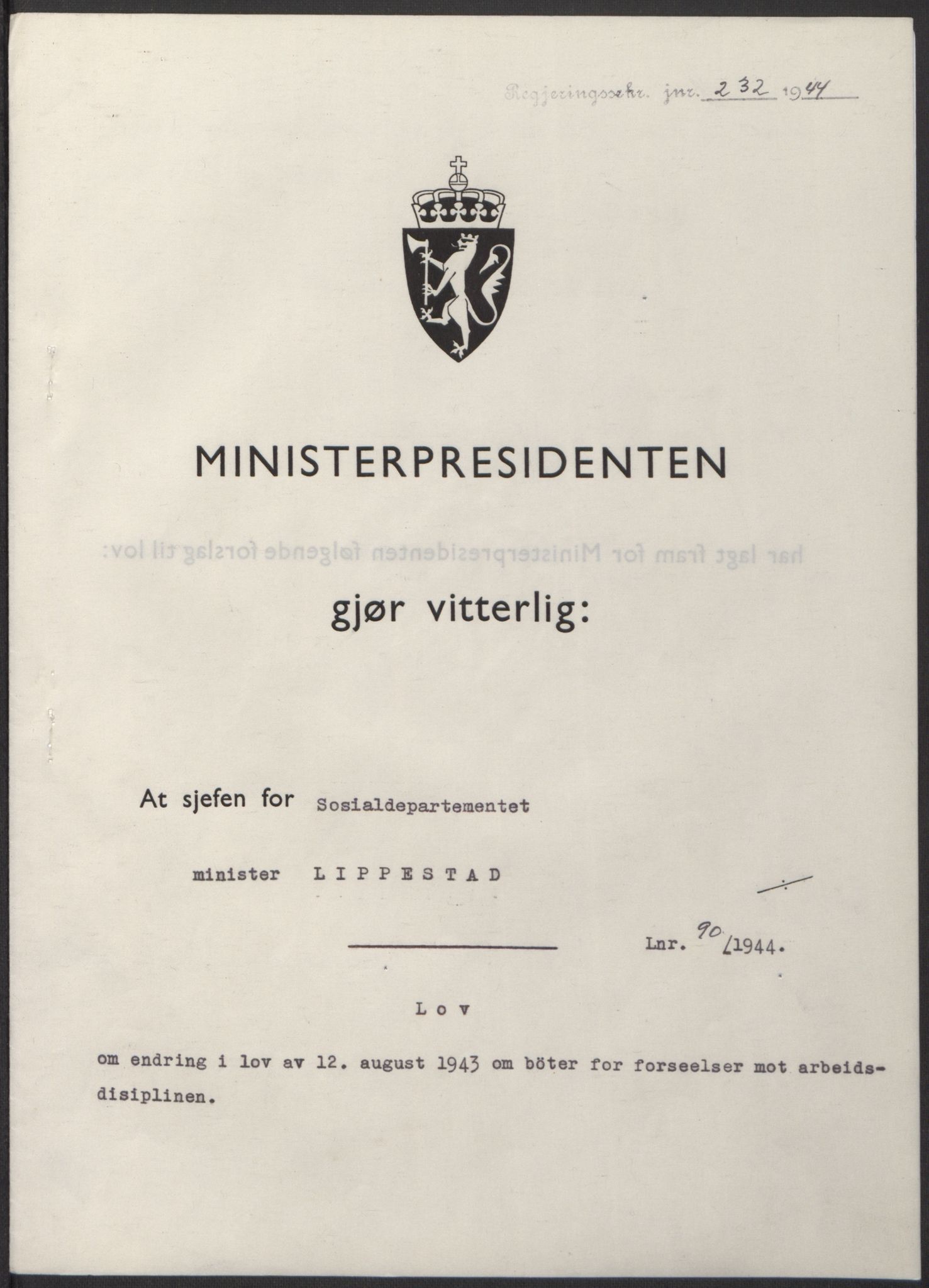 NS-administrasjonen 1940-1945 (Statsrådsekretariatet, de kommisariske statsråder mm), RA/S-4279/D/Db/L0100: Lover, 1944, p. 426