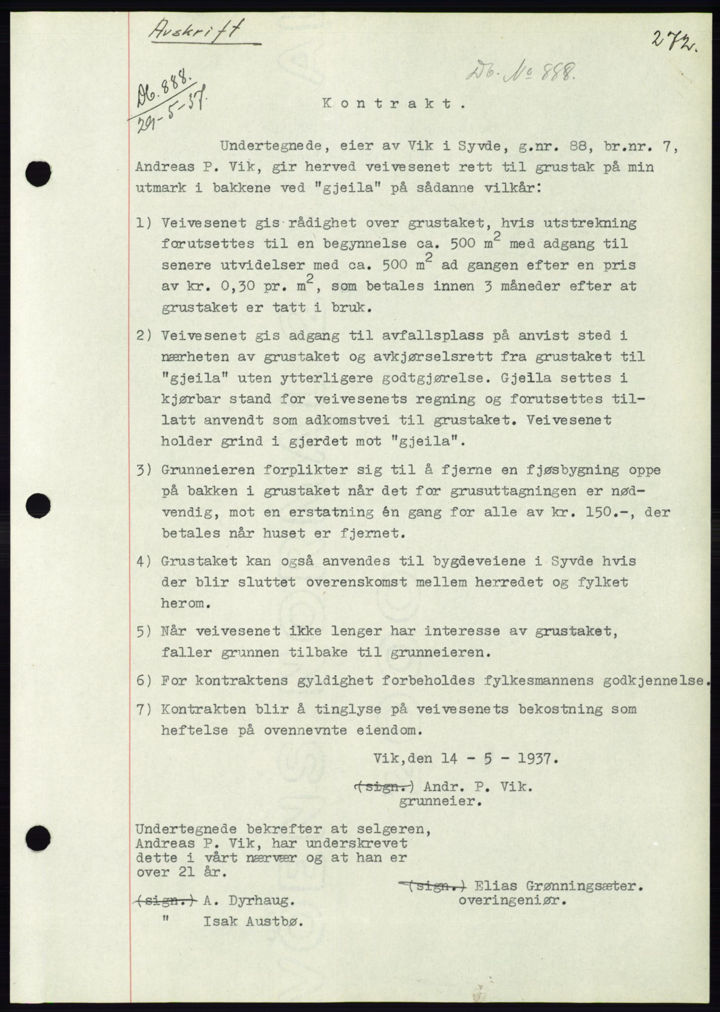 Søre Sunnmøre sorenskriveri, AV/SAT-A-4122/1/2/2C/L0063: Mortgage book no. 57, 1937-1937, Diary no: : 888/1937