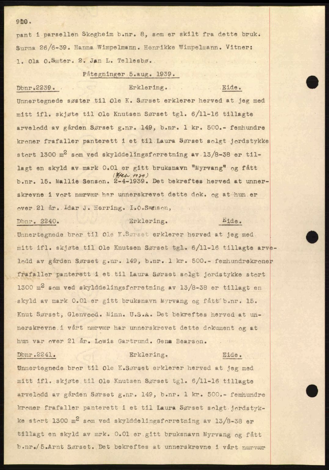 Nordmøre sorenskriveri, AV/SAT-A-4132/1/2/2Ca: Mortgage book no. C80, 1936-1939, Diary no: : 2239/1939