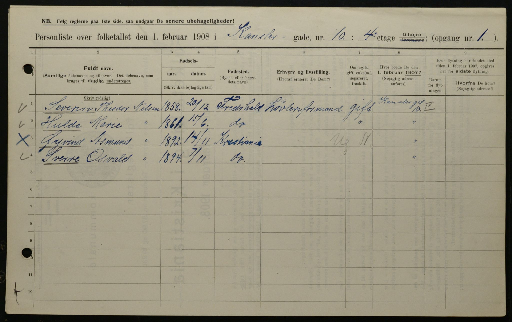 OBA, Municipal Census 1908 for Kristiania, 1908, p. 43105