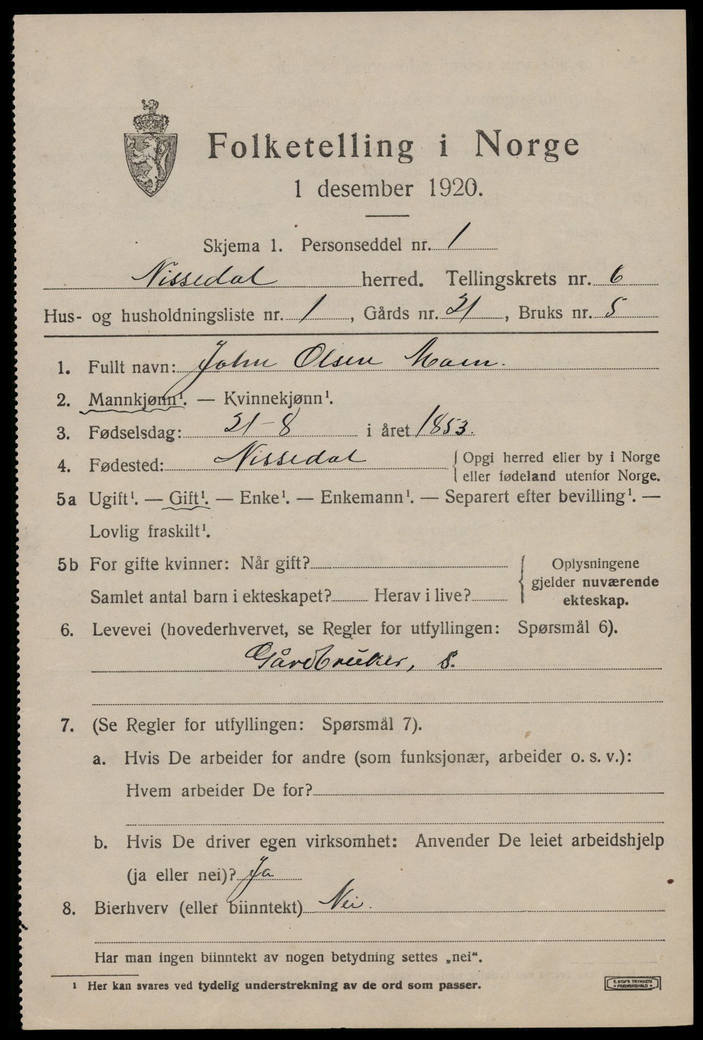 SAKO, 1920 census for Nissedal, 1920, p. 2271