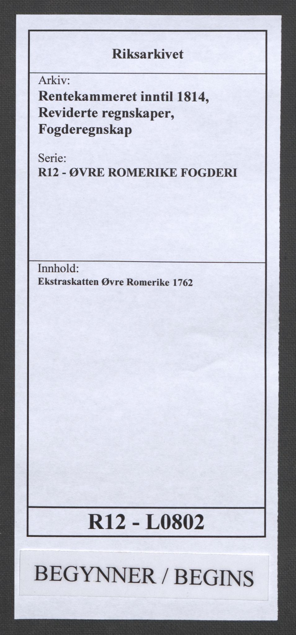 Rentekammeret inntil 1814, Reviderte regnskaper, Fogderegnskap, RA/EA-4092/R12/L0802: Ekstraskatten Øvre Romerike, 1762, p. 1