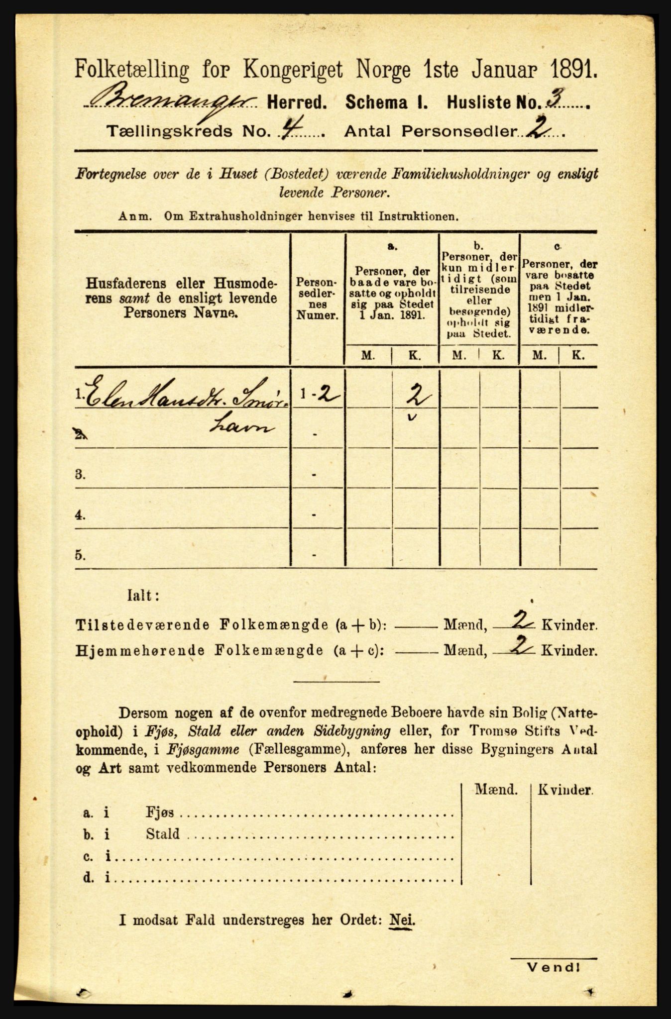 RA, 1891 census for 1438 Bremanger, 1891, p. 1449