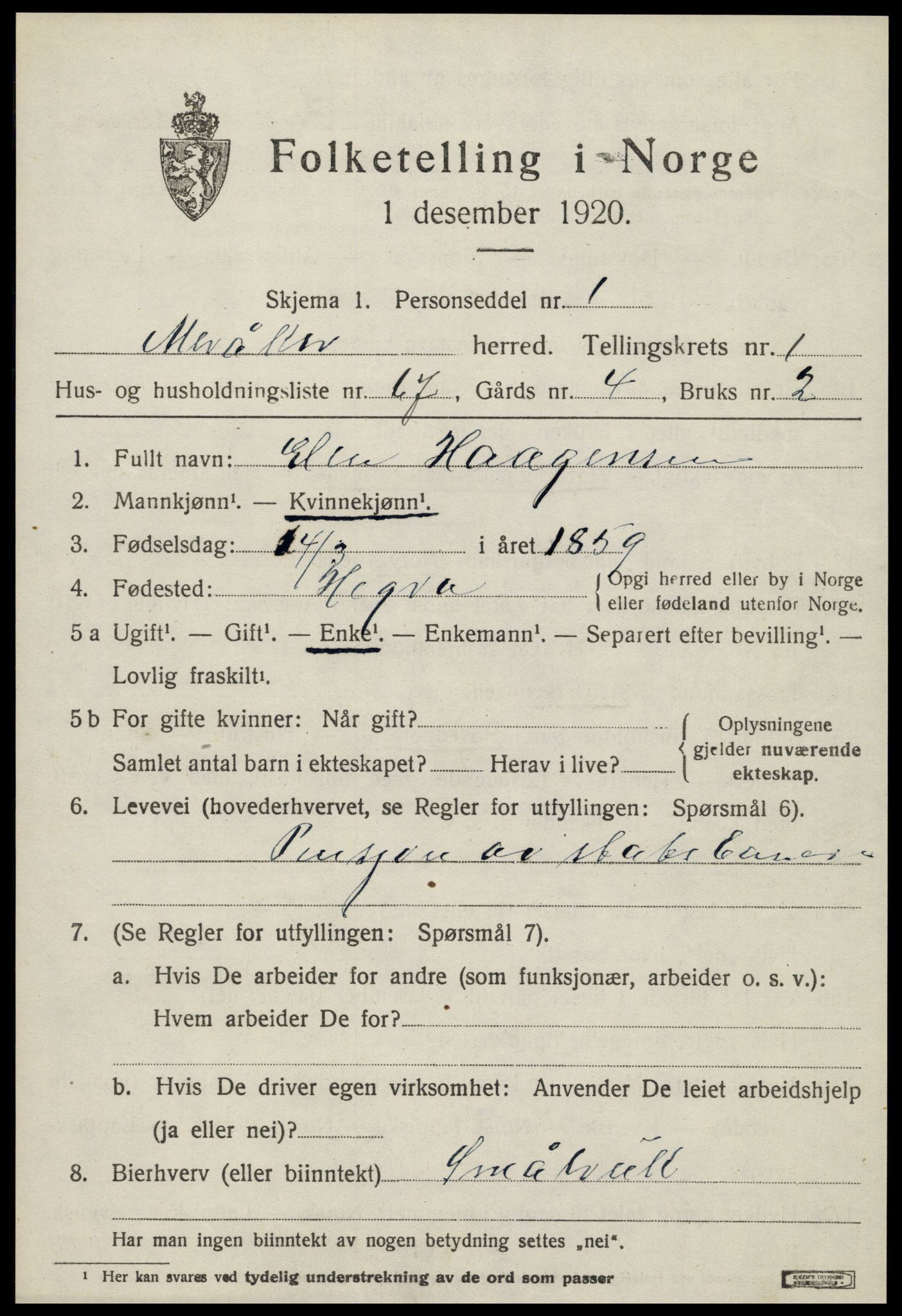 SAT, 1920 census for Meråker, 1920, p. 1606