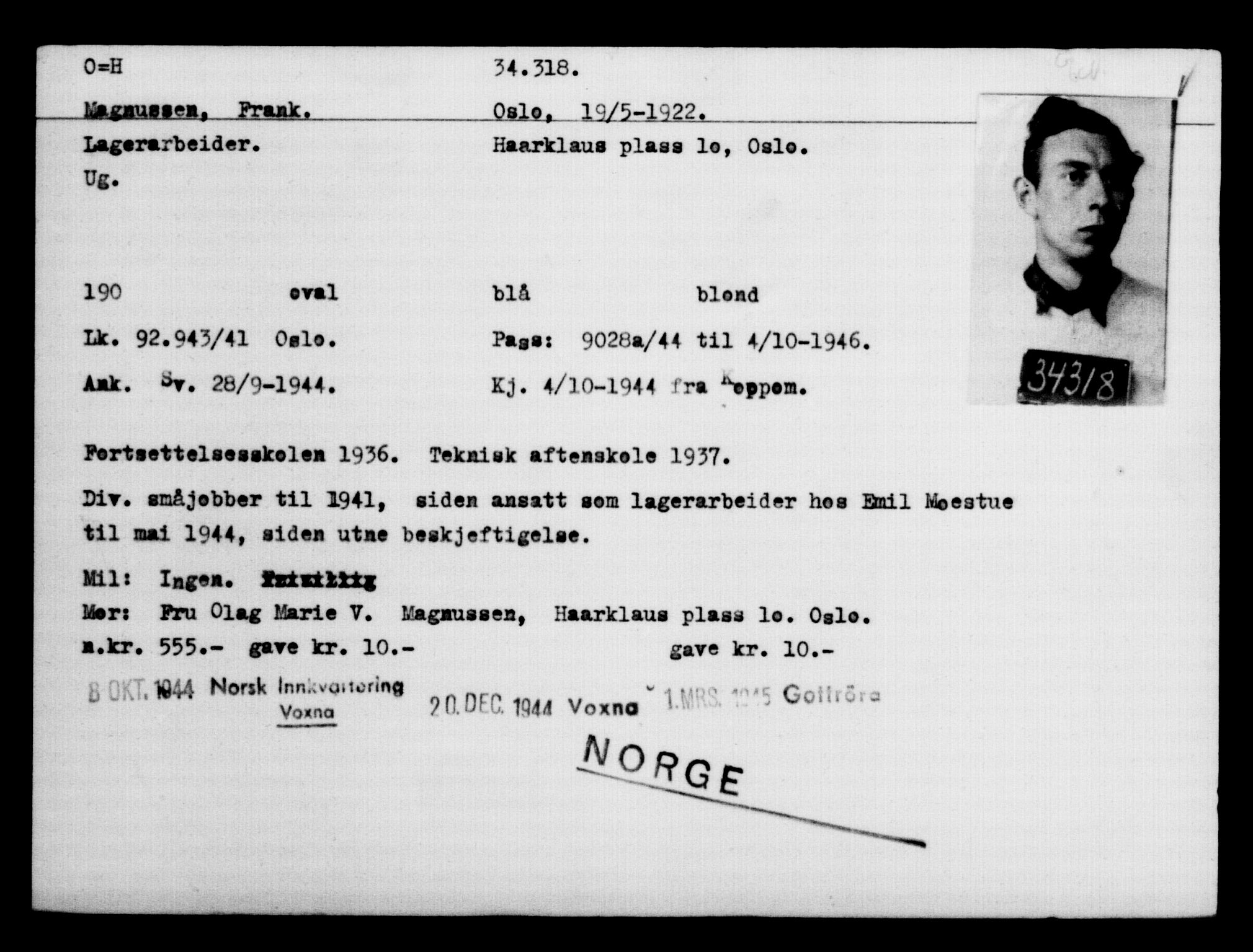 Utenriksstasjonene, Legasjonen i Stockholm, Flyktningkontoret, AV/RA-S-6753/V/Va/L0013: Kjesäterkartoteket, flyktninger med registreringsnr. 31500-34731, 1940-1945, p. 2970